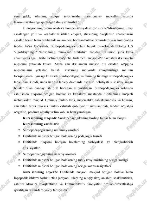 afakkur, nutq hamda uning shaxs sifatida shakllanish qonuniyatlarini o‘rganish, ta’sir ko‘rsatadigan metodlar va yo‘llarni psixologik jihatdan asoslab berish kabi eshitishida muammolari bo‘lgan bolalar ta’limi orqali ularni barkamol tarbiayasini amalga oshirishga qaratilgan ishlar rejalashtiriladi.[footnoteref:2] eshitish sezgisi va idroki ayniqsa nutqni egallashda muhim rol o‘ynaydi. nutqning aktiv va passiv shakllari aynan eshitish sezgisi va idroki asosida amalga oshadi. atrofdagilar nutqini eshitib, unga taqlid qilish orqali dastlabki so‘zlarni ayta boshlaydi. nutqni eshitib, u orqali asosiy ma’lumotlarni oladi, kattalar bilim va tajribalarini egallaydi. chunki kattalarning bilimi, tajribalari, bolalarga og‘zaki yozma nutq orqali kattalar tomonidan yetkzailadi. atrofdagilar nutqini idrok qilish imkoniyatining buzilishi faol nutqning shakllanish imkoniyatini yo‘qotadi. [2: m.marschark, harry g.lang,john albertini-educating deaf students-oxford university press.2006.303p] eshitishi buzilgan bola hech qachon o‘zi mustaqil ravishda nutqni egallay olmaydi. agar bunday bola maxsus sharoitda maxsus yondashish va maxsus uslublar bilan o‘qitilmasa soqov bo‘lib qoladi. eshitmaydigan bola butun axborotni eshitish apparati analizatorining ishtirokisiz oladi, u hamma narsalarni, predmetlar, …