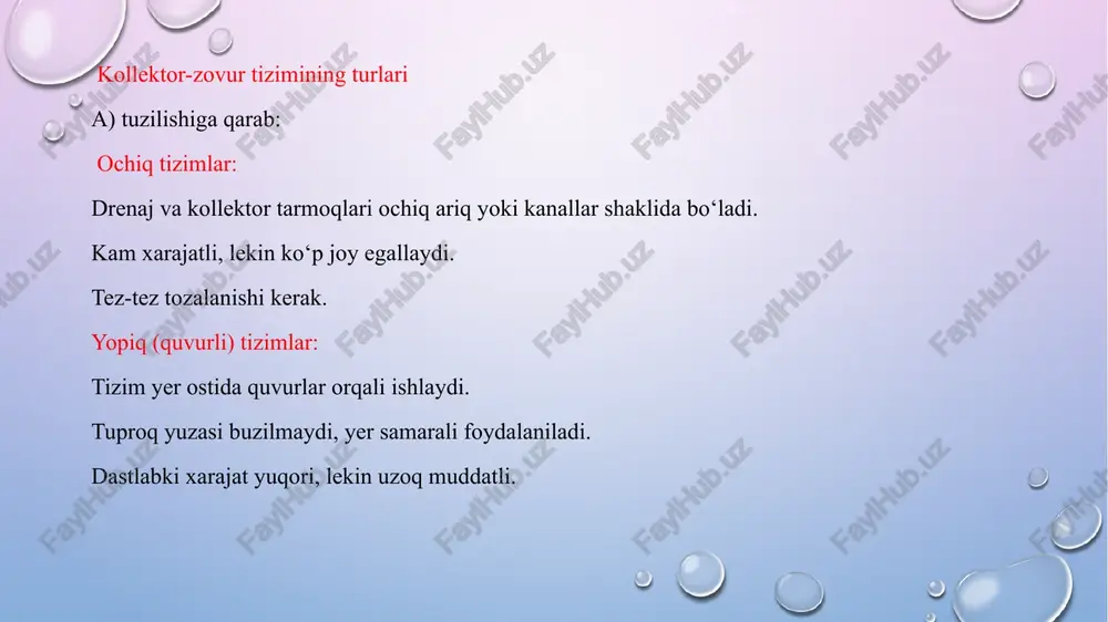 hlatish mumkin. bu, ayniqsa, suv resurslarining cheklanganligi sharoitida muhimdir. tozalangan suvlar qishloq xo‘jaligida, sanoatda yoki boshqa sohalarda foydalanish uchun yaroqli bo‘ladi. 5. zamonaviy sug‘orish tizimlarini joriy etish sug‘orish tizimlarini zamonaviy texnologiyalar bilan mustahkamlash orqali samaradorlikni oshirish mumkin. bu, ayniqsa, kollektor-zovur suvlaridan foydalanishda muhimdir, chunki ular orqali ortiqcha suv va tuzlarni uzoqlashtirish orqali tuproqning faol qatlamini sog‘lomlashtirish mumkin. 6. suv resurslaridan oqilona foydalanishning huquqiy asoslarini yaratish suv resurslaridan samarali foydalanish uchun ularning qaysi manbalardan olinishi, qanday ishlatilishi va qanday qayta ishlanishi to‘g‘risida huquqiy asoslarni yaratish zarur. bu, ayniqsa, kollektor-zovur suvlarini tashlab yuborishni tartibga solish va ulardan unumli foydalanishni yo‘lga qo‘yishda muhimdir. amaliy tajriba va misollar. 1. sirdaryo viloyatida makkajo‘xori ekinlarini sug‘orishda kollektor-zovur suvlaridan foydalanish sirdaryo viloyatida olib borilgan tadqiqotlar natijasida, mineralizatsiyalangan kollektor-zovur suvlarining makkajo‘xori ekinlarini sug‘orishda muvaffaqiyatli qo‘llanilishi tasdiqlandi. bu usul, sho‘rlangan tuproqlarda ekinlarni yetishtirish imkoniyatini yaratdi va suv resurslaridan samarali foydalanishga yordam berdi. 2. mizachul dashtida yem-xashak ekinlarini sug‘orishda kollektor-zovur …
