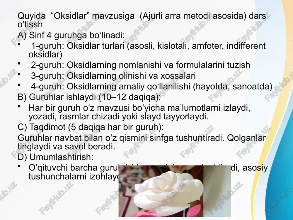 sh. 4. o‘quvchi faoliyatini tan olish va rag‘batlantirish – harakat, tashabbus va natijani qadrlash. 5. faol tinglash va savol-javob muhitini yaratish – o‘quvchi o‘z fikrini erkin ifoda etadi, o‘qituvchi esa uni diqqat bilan eshitadi. 6. mavzularni mustaqil o‘zlashtirishga yo‘naltirish – o‘quvchilarning bilimlarni izlab topishiga va o‘z yo‘lini tanlashiga sharoit yaratish. 7. jamaviy va juftlikdagi ishlar orqali ijtimoiy o‘rganish – jamoaviy qarorlar qabul qilish, bahslashish va fikr almashish. 13-topshiriq: kbi (kuzatish, bahslashish, ishontirish) metodi asosida “o‘rganish igna bilan quduq qazish bilan barobardir” fikrini izohlang, kuzating, bahs yuriting fikrning ma’nosi (izoh): “o‘rganish igna bilan quduq qazish” degani — ta’lim jarayoni juda murakkab, sekin va izchil mehnat talab qiladigan jarayon degani. bu og‘ir, sabr-toqatli, qat’iyatli harakatlarni bildiradi. har bir bilim zarrachasi — ayni o‘sha ignaning bir harakati. kbi metodidagi yondashuv: 1. kuzatish: o‘quvchilar qanday o‘rganadi? ularga nimalar qiyinlik tug‘diradi? sabrsizlik, chalg‘ish, tushunmaslik — bu holatlar o‘rganuvchining ichki kechinmalaridir. 2. bahslashish: bahs ochiladi: “zamonaviy …
