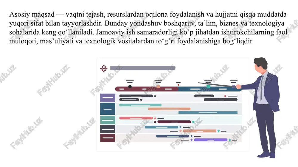 hdan oldin har bir a’zoga aniq vazifa va mas’uliyat yuklash. rahbar tomonidan rollarni belgilash va ish taqsimotini hujjatlashtirish. yechim 3: ma’lumotlarga kirishni faqat ruxsat etilgan foydalanuvchilarga taqdim etish, ikki bosqichli autentifikatsiya va ma’lumotlarni muntazam zaxiralashni joriy qilish. yechim 2: bulutli xizmatlar va platformalarni (google docs, office 365) ishlatishni o‘rganish, versiya nazorati tizimini joriy qilish va barcha a’zolarni bir xil platformada ishlashga majbur qilish. jamoa bo‘lib hujjatlar tayyorlash xulosa men ushbu ish davomida “jamoa bo‘lib hujjatlar tayyorlash” mavzusini o‘rganib, uning kasbiy faoliyatda ahamiyatini chuqur tushundim. jamoaviy ishlash nafaqat ish jarayonini tezlashtiradi, balki hujjat sifatini oshirish, xatoliklarni kamaytirish va resurslardan samarali foydalanish imkonini beradi. bulutli xizmatlar va zamonaviy axborot texnologiyalari yordamida jamoa a’zolari turli joylardan turib ham bir hujjat ustida real vaqt rejimida ishlay olishadi. shuningdek, ish davomida jamoa a’zolarining rollarini to‘g‘ri taqsimlash, vazifalarni aniqlash va aloqa vositalarini samarali qo‘llashning muhimligini angladim. amaliy misollar va tahlillar shuni ko‘rsatdiki, onlayn platformalarda hujjat yaratish …