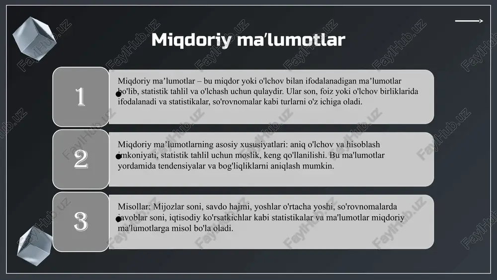 ini tahlil qilish orqali shaxsiylashtirilgan xizmatlar va takliflar ishlab chiqiladi. bozor tendensiyalarini kuzatish raqobatbardosh bo'lish uchun muhim, bu orqali yangi imkoniyatlar va tahdidlarni oldindan ko'rish mumkin. xulosa marketing maʼlumotlari turlari va ahamiyati marketing maʼlumotlari turli va ularning strategik ahamiyati katta. toʻgʻri maʼlumotlar qarorlarni qoʻllab-quvvatlaydi. sifatli va miqdoriy maʼlumotlarning imkoniyatlari sifatli va miqdoriy maʼlumotlar strategik rejalar tuzishda yordam beradi. ular marketing natijalarini oshiradi. maʼlumotlarni tahlil qilish va qarorlar maʼlumotlarni tahlil qilish muhim. ular orqali toʻgʻri va asosli qarorlar qabul qilinadi. kelajak istiqbollari va rivojlanish texnologik rivojlanish bilan maʼlumotlardan foydalanish imkoniyatlari kengaymoqda. ularni toʻgʻri boshqarish muhim. foydalanilgan adabiyotlar 1. o‘zbekiston marketing assotsiatsiyasi. marketing va reklama bo‘yicha qo‘llanma. tashkent: o‘zbekiston matbuot nashriyoti, 2020. 2. akademik ma’lumotlar tahlili institute. marketing ma’lumotlarining turlari va ularning amaliy qo‘llanilishi. toshkent: o‘zbekiston fanlar akademiyasi, 2019. 3. sharipov a. marketing strategiyalarida ma’lumotlarni tahlil qilish texnologiyalari. xalqaro marketing konferensiyasi materiallari, 2021. 4. qodirov s. ma’lumotlar turlari va ularning marketingdagi o‘rni. …
