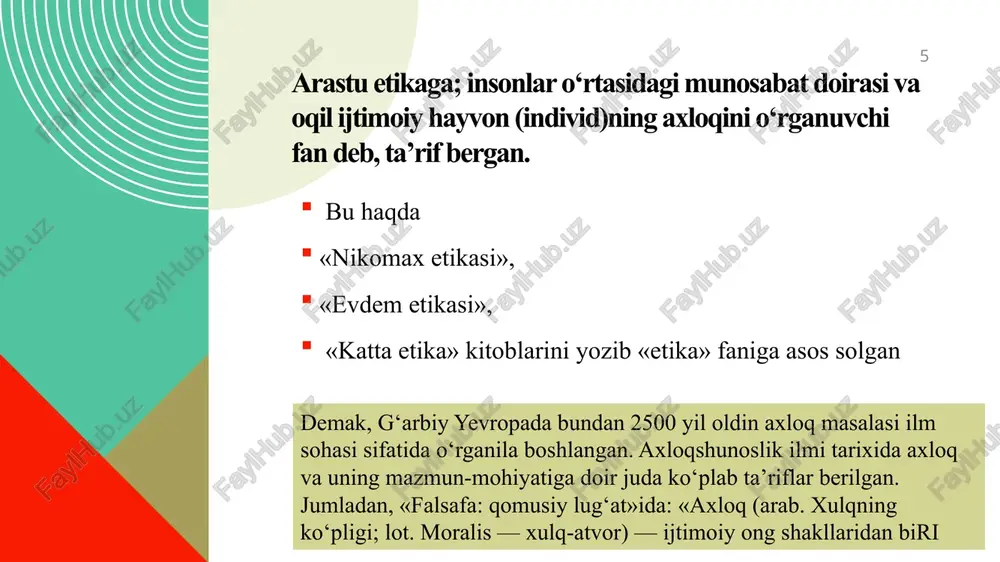 larga mantiqiy intizomni kiritadi, axloqiy masalalarning "haddan tashqari murakkabligi" ni etika predmetining o'zining murakkabligi bilan emas, balki uning tushunchalarining noaniqligi, noaniqligi tufayli yo'q qiladi. 14 metaetik tadqiqotlarda tahlilning ikkita chizig'i kesishadi biri axloqning ma'lum bir "yo'naltiruvchi" imidjini ishlab chiqishga, to'g'ri, dalilli axloqiy fikrlash mezonlari va imkoniyatlarini aniqlashtirishga qaratilgan; ikkinchisi - haqiqiy axloqiy konstruktsiyalarni (konkret ta'limotlar, tushunchalar, dalillar) tanqid qilish. 20-asr boshlari va oʻrtalaridagi axloqiy tadqiqotlar metaetika bilan bogʻliq. 15 metaetika sohasidagi birinchi tadqiqot jorj e. murning "principia ethica" asaridir. etikadagi qadriyatlar va kategoriyalar. kategoriya so’zi (yunoncha kategoria-mulohaza, fikr, belgi)- predmet va hodisalarning umumiy hamda muhim tomonlari xususiyatlari yoki munosabatlarini aks ettiruvchi eng umumiy tushunchalarni anglatadi. . etika kategoriyalarining o’ziga xos xususiyati shundan iboratki, ularda axloqiy ongningm axloqiy munosabatlarning, odob xususiyatlarining eng muhim tomonlari va elementlari umumlashgan holda aks etadi. 16 yaxshilik va yomonlik kategoriyalari. 17 yaxshilik va yomonlik insonning hatti harakatlariga beriladigan ijobiy yoki salbiy bahoni ifodalovchi axloqshunoslikning eng umumiy …