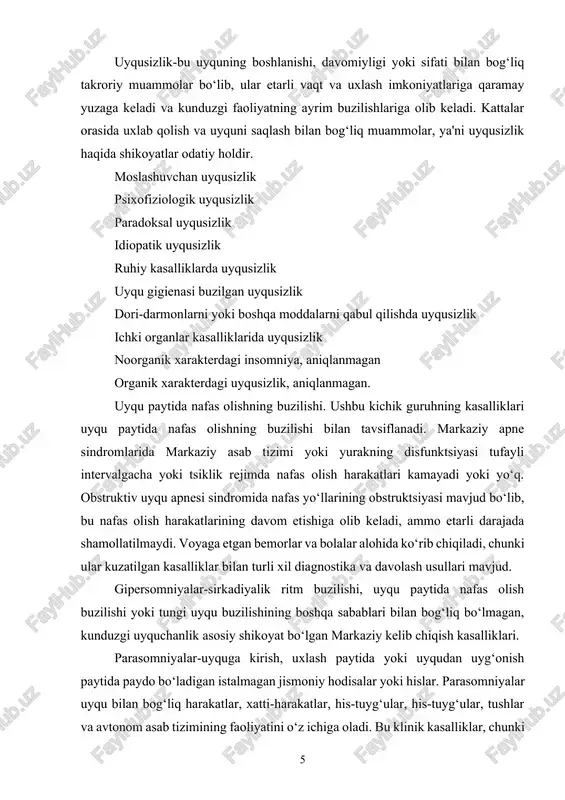 muddatli) uyqusizlik-uyqu buzilishining davomiyligi 3 haftadan kam 3. surunkali insomniyalar (shu jumladan idiopatik – ko‘pincha irsiy)– 3 haftadan ko‘proq vaqt davomida insomniyalarni patogenez bo‘yicha tasniflash: 1. psixofiziologik (stress, gormonal o‘zgarishlar va boshqalar fonida) - giyohvand bo‘lmagan usullar va xulq-atvor terapiyasiga e'tibor 2. ekzogen, shu jumladan yatrogen (masalan, shovqin, yorqin nur, og‘riq sindromi, nootropiklarni qabul qilish fonida va boshqalar) 3. idiopatik (birlamchi) – ko‘pincha ijobiy oilaviy tarixga ega-adaptiv uyqusizlik-psixo-fiziologik-uyqu gigienasining buzilishi fonida - desinxronoz fonida - psevdoinsomniya-somatik kasalliklar fonida - psixiatrik kasalliklar fonida [2] uyqu buzilishining sabablari quyidagilardir: stress, nevrotik kasalliklar (tashvish, depressiya), ba'zi dori-darmonlarni qabul qilish somatik, nevrologik kasalliklar (masalan, og‘riq sindromlari) intoksikatsiya (masalan, kechasi spirtli ichimliklarni iste'mol qilish bosqichlar va fazalar nisbatini buzadi, uyquning fiziologik xususiyatlarini yomonlashtiradi) kasbiy faoliyat ritmi (tunda navbatchilik), vaqt zonalari bo‘ylab parvozlar, uyqu gigienasiga rioya qilmaslik. kun davomida optimal uyqu davomiyligi. meta-tahlillar qisqa va uzoq uyqu davomiyligi va yurak-qon tomir va boshqa kasalliklarni rivojlanish xavfi …