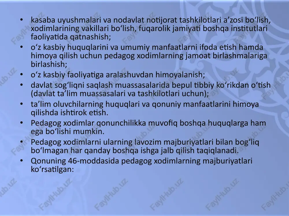 ovchi pedagogik taktning mavjudligini ifodalovchi akademik qobiliyatlar – matematika, fizika, biologiya, kimyo, ona tili, adabiyot, tarix va b. fanlar asoslarini puxta o’zlashtirishga imkon beradigan qobiliyat nutq qobiliyati – shaxsning o’z his-tuyg’ularini nutq, shuningdek, mimika, pantomimika yordamida aniq va ravshan ifodalab berish qobiliyati avtoritar qobiliyat – talabalarga hissiy-irodaviy ta’sir etish orqali ular o’rtasida obro’ qozonish imkoniyatini yaratuvchi qobiliyat pedagogik xayol – pedagogning talabalar shaxsini tarbiyaviy jihatdan loyihalashtirishda o’z xatti-harakatlari natijalarini oldindan ko’ra olishni ta’minlovchi qobiliyat diqqatni taqsimlay olish qobiliyati – pedagogning bir vaqtda o’z diqqatini bir qancha jarayonga qarata olishini tavsiflovchi qobiliyat pedagogik faoliyatni mustaqil tashkil etish. har bir o‘qituvchi - tarbiyachi pedagogik faoliyatga kirishar ekan, avvalo, uni mustaqil tashkil etish, shaxsiy tajribalarini yaratish malakasiga ega bo‘lishi lozim. shundagina, u mahoratli kasb egasi bo‘la oladi. shuning uchun o‘qituvchi, avvalo, o‘z ixtisosligi, kasbiy faoliyati ustida mustaqil ishlashi, bilim olishi shaxsiy faoliyatini ilmiy - nazariy, usuliy - amaliy yo‘nalishlarini mukammal egallashga intilmog‘i darkor. …