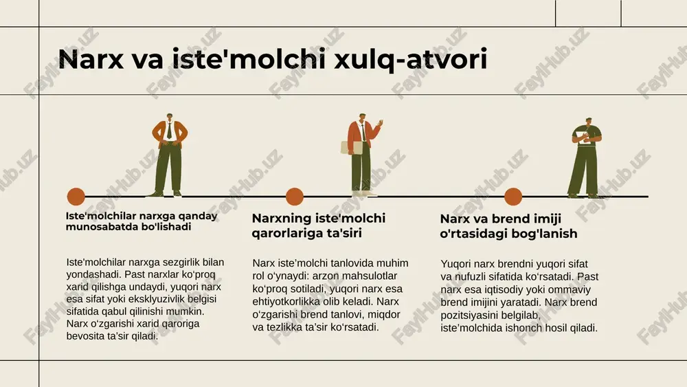 hisoblanadi. narx bozordagi raqobatga ta'sir qiladi, iste'molchilarni turli segmentlarga ajratadi va kompaniyalar strategiyasini belgilaydi. marketing tadqiqotchisi f. kotler brend pozitsiyasini belgilash brend pozitsiyasi tushunchasi brend pozitsiyasi — bu kompaniyaning o‘z brendini raqobatchilardan qanday farqlashini belgilovchi strategiya. uning asosiy maqsadi — iste’molchilarda aniq va afzal tasavvur shakllantirish. narxning brend pozitsiyasiga ta'siri narx brend obro‘sini shakllantirishda muhim rol o‘ynaydi. masalan, yuqori narxlar brendni hashamatli ko‘rsatib, uni raqobatchilardan ajratib turadi va eksklyuzivlik tuyg‘usini beradi. photo by ben white on unsplash photo by magnet.me on unsplash narx va iste'molchi xulq-atvori psixologik narx belgilash va iste'molchi qarorlari narx iste'molchilarning xarid qilish odatlari va tanlovlariga kuchli ta'sir ko'rsatadi. masalan, 99 so'm yoki 9999 so'm kabi sonlar psixologik jihatdan arzonroq tuyuladi. shuningdek, chegirma narxlari, to'plamli narxlar kabi strategiyalar iste'molchini xarid qilishga undaydi va ularning xatti-harakatini o'zgartiradi. iste'molchilar narxni mahsulot sifati va o'z ehtiyojlariga muvofiqligini baholab tanlov qiladi. narxdan qoniqish yuqori bo'lsa, brendga sodiqlik va qayta xarid qilish …