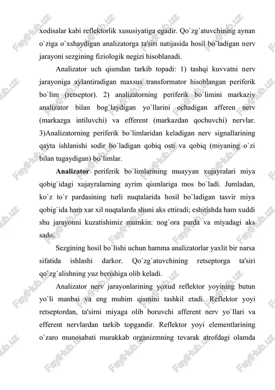 illimikron doirasida bo`ladi va ko`rish analizatorida nerv jarayoniga aylanadi. eshitish sezgilari–retseptorlarga tebranish tezligi (chastotasi) 16 dan 20 ming gertsgacha bo`lgan tovush to`lqinlari ta'sirining aks etish natijasidir. ta'sir kuchi shundan past bo`lsa ham, baland bo`lsa ham sezgi paydo bo`lmaydi. taktil sezgilar mexaniq qo`zg`atuvchining teri yuzasiga ta'siri natijasida hosil bo`ladi. sezgilarning sifat, jadalligi, davomiyligi, joylarda yuz berish kabi xususiyatlari bor. sifat–mazkur sezgining asosiy xususiyati bo`lib, uni boshqa sezgi turlaridan farqlaydi va ayni shu sezgi turi doirasida o`zgartirib turadi. jumladan eshitish sezgisi past–balandligi, mayinligi, zo`rligi bilan, ko`rish sezgisi boyligi, ranglarning tusi bilan farq qiladi va xokazo. sezgining jadalligi–uning miqdorini ifoda etadigan xususiyati bo`lib, ta'sir qilayotgan qo`zg`atuvchining kuchi retseptorning funktsional xolati bilan belgilanadi. sezgining davomiyligi uning vaqtinchalik xususiyati hisoblanadi. qo`zg`atuvchi sezgi a'zosiga ta'sir qilishi bilanoq hosil bo`lmaydi, balki, bir oz vaqt o`tgach hosil bo`ladi. bu sezgining latent (yashirin) davri deb ataladi. latent davri har xil sezgi turi uchun har xil: masalan, taktil sezgilar uchun …