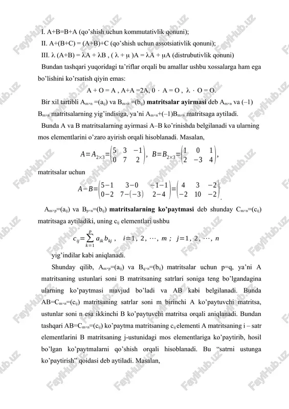 adi. bundan kososimmetrik matritsaning barcha diagonal elementlari nolga teng bo’lishi kelib chiqadi. masalan, matritsalardan a simmetrik, b kososimmetrik bo’ladi. matritsalarning iqtisodiy tadbiqlari. 1-misol. xalq xo’jaligining tarmoqlari o’rtasida ayrim ishlab chiqarish resurslarining taqsimoti quyidagi jadval orqali berilgan bo’lsin (umumiy hajmga nisbatan foiz hisobida, raqamlar shartli): resurslar xalq xo’jaligi tarmoqlari sanoat qishloq xo’jaligi boshqa tarmoqlar 1.yoqilg’i 45 30 25 2. elektr energiyasi 53 27 20 3. mehnat resurslari 38 21 41 4. suv resurslari 40 48 12 bu jadvalni matritsa yordamida quyidagi qulay ko’rinishda ifodalash mumkin: bu yozuvda a matritsaning har bir elementi aniq iqtisodiy ma’noga ega. masalan, a11=45 va a21=53 sanoat tarmoqlari yoqilg’ining 45 foizini va elektr energiyasining 53 foizini iste’mol qilishini ko’rsatadi; a22=27 qishloq xo’jaligi elektr energiyasining 27 foizini sarflashini, a33=41 esa mehnat resurslarining 41 foizi boshqa tarmoqlarda band ekanligini ifodalaydi va hokazo. 2-misol. korxona m1, m2 , m3 va m4 kabi belgilangan 4 xil mahsulot ishlab chiqaradi. bu mahsulotlarni …