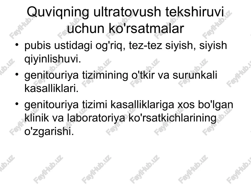jmini, lieto uchburchagi va siydik yo'llarining teshiklari bilan bog'lanishini, siydik pufagi devoriga invaziya darajasini aniqlash kerak. , siydik pufagining tashqi konturining holati, perivesik to'qimalar va yaqin organlarning holati, tos limfa tugunlari. quviq o'smalarining differensial diagnostikasi quviq psevdodivertikullari quviq gematomalari quviqqa o'sadigan yaqin organlarning o'smalari: to'g'ri ichak yoki sigmasimon ichakning o'smalari, bachadon bo'yni, prostata, retroperitoneal bo'shliq. metastatik o'smalar: melanoma, oshqozon saratoni, ichak saratoni. image1.wmf image2.wmf image3.jpeg image4.jpeg image5.jpeg image6.jpeg image7.png image8.jpeg image9.jpeg image10.jpeg image11.jpeg image12.jpeg image13.jpeg image14.jpeg image15.jpeg image16.wmf image17.jpeg image18.wmf image19.jpeg image20.jpeg image21.jpeg image22.jpeg image23.jpeg image24.jpeg