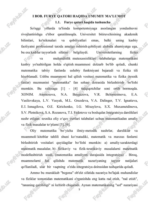 i o'rganishga bo'lgan motivatsiyani kuchaytirish, ta'limningkasbiy yo'nalishi va o'quvchilar bilimidagi rasmiyatchilikni bartarafetish, fizik hodisalarni matematik modellashtirish ko'nikmalarini egallash uchun sharoit yaratadi davri 2 dan iborat bo`lgan f(x) funktsiya berilgan bo`lsin. yig`indisi f(x) bo`lgan quyidagi yaqinlashuvchi trigonometrik qatorni topish talab qilinsin: 2  a1 cos x  b1 sinx  ... an cosnx  bn sinnx  ... (1) agar bu masalaning yechimi mavjud bo`lsa, bu yechim yagona bo`lib, (1)a 0 qatorning koeffisiyenti eyler – furye formulalari yordamida topiladi:  an  1  f xcosnxdx  va bn  1  f xsinnxdx  (2) hosil bo`lgan (2) qatorga f (x) funktsiya uchun furye qatori deyiladi. 2 + ∑𝑛=1(𝑎𝑛𝑐𝑜𝑠𝑛𝑥 + 𝑏𝑛𝑠𝑖𝑛𝑛𝑥) , 𝑎𝑛,𝑏𝑛 ∈ 𝑅 (3)𝑎 0 ∞ 7 ko`rinishdagi qator tregonametrikqator deyiladi, bunda 𝑎𝑛, 𝑏𝑛 ∈ 𝑅 tregonametrik qator koeffisentlari deyiladi. bu qator ixtiyoriy 𝑛 ∈ 𝑁 da 2𝜋 davrga ega funksiyalardan tuzilgan, shuning uchun, agar u [−𝜋,𝜋] kesmada …