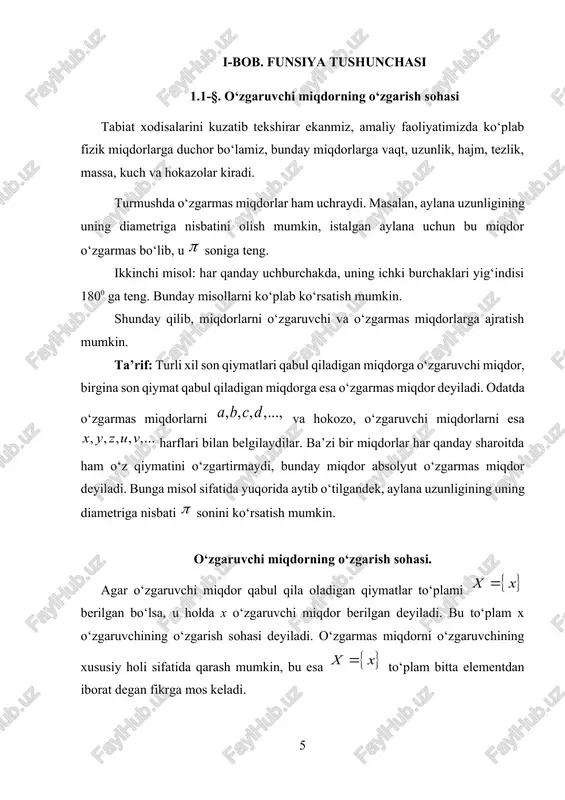 llar hech qanday sonni bildirmaydi. odatda v-a son oraliqning uzunligi deyiladi. 1.2-§. o‘zgaruvchilar orasidagi funksional bog‘lanish. funksiya tushunchasini ta’rifi, funksiyaning aniqlanish va o‘zgarish sohasi fan va turmushning turli sohalarida, matematikaning o‘zida, fizikada, texnikada birgalikda o‘zaro bir-biriga bog‘liq ravishda o‘zgaruvchi miqdorlar ko‘p uchraydi.funksiya tushunchasi matematikaning asosiy tushunchalaridan biri bo‘lib, u ikkita (umumiy holda bir necha) o‘zgaruvchi miqdor orasidagi bog‘lanishdan kelib chiqadi. o‘zgaruvchi miqdorlarni ikkiga ajratish mumkin, biri ixtiyoriy o‘zgaruvchi bo‘lib – u erkli o‘zgaruvchi yoki argument, ikkinchisi esa birinchisiga bog‘liq holda o‘zgarib – erksiz (unga bog‘liq bo‘lgan o‘zgaruvchi) yoki funksiya deyiladi. bularga misollar keltiramiz 1) doiraning s yuzi r radiusining funksiyasidir: formula yordamida r radiusining ixtiyoriy berilgan qiymati bo‘yicha doiraning s yuzini hisoblash mumkin. 2) og‘ir moddiy nuqtaning erkin tushushidagi (qarshilik bo‘lmaganda) harakat boshlanishidan hisoblangan vaqt va shu vaqt ichida bosib o‘tilgan yo‘l formula bilan bog‘langan, bu yerda og‘irlik kuchining tezlanishi bo‘lib, yo‘l vaqtning funksiyasidir. yuqoridagi misollarda argumentning har bir qiymatiga …