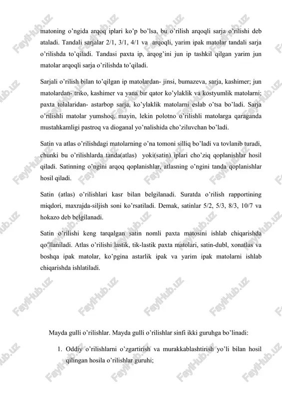 lishdagi matolar polotno o’rilishdagi matolar polotno o’rilishdagi matolarga nisbatan yumshoqroq va zichligi kattaroq bo’ladi. paxta va zig’ir iplaridan rogoika o’rilishida rogoika nomli matolar, jun va ipak iplaridan ba’zi ko’ylaklik va kostyumlik matolar ishlab chiqariladi. hosila sarja o’rilishlari kuchaytirilgan sarja, murakkab sarja, teskari sarja, siniq sarja va boshqalardan iborat. kuchaytirilgan sarja oddiy sarjadagi yakka qoplanishlarni kuchaytirib olinadi.natijada,mato sirtidagi dioganal yo’llar enliroq va yaqqolroq bo’ladi.mato o’ngida qaysi ip turkumi ko’pligiga qarab, juchaytirilgan sarjalar tandali, arqoqli va teng tomonli bo’ladi. kuchaytirilgan sarja o’rilishida shollandka, boston, sheviot, kashemir kabi jun va boshqa matolar to’qiladi. murakkab sarja bir necha oddiy yoki kuchaytirilgan sarjalarni bitta rapportga joylashtirganda hosil bo’ladi. bu o’rilishda to’qilgan matolar sirtida turli kemglikdagi dioganal yo’llar hosil bo’ladi. bu o’rilish ko’ylaklik matolar to’qishda qo’llaniladi. oddiy, kuhaytirilgan va myrakkab sarjalar asosida siniq sarjalar asosida siniq sarja hosil bo’ladi.bu yarda dioganal yo’llarining yo’nalishi o’zgaradi. bu o’rilishdagi matolarning siniq chiziqsimon shaklda ko’rinib turadi. siniq sarjaga o’xshash yana …