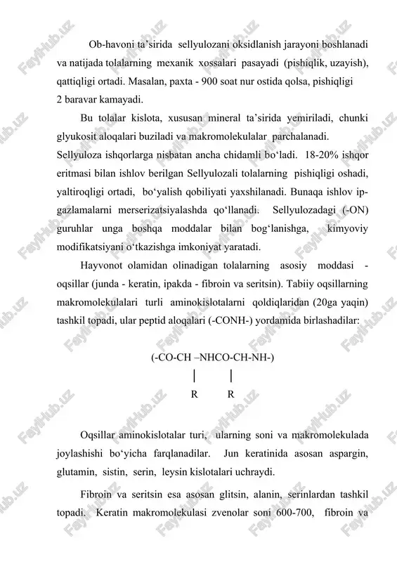 mroq va ishqorga chidamsiz bo‘ladi. tolaning o‘rtasida uzak bo‘ladi, u qurib kolgan plastinkasimon xujayralardan tashkil topadi. o‘zak tolani qattiqligini va qalinligini oshiradi. tuzilishining xarakteriga qarab jun tolalari turt turga bo‘linadi: a) momiq - mayin, kalta, jingalak tola bo‘lib, ikki tangachali va qobiq qatlamdan tashkil topgan. diametri 14-25 mkm bo‘ladi. b) oraliq tola qalinroq va dag‘alroq tola bo‘lib, uch qatlamdan iborat, ammo o‘zak rivojlanmagan va uzuq-uzuq bo‘ladi. diametri 25-36 mkm bo‘ladi. v) dag‘al tuk yanada qalinroq. diametri 35-50 mkm bo‘ladi. o‘zagi rivojlangan qalin tola, tangachalari katta-katta bo‘ladi. g) o‘lik soch qalin, dag‘al, pishiqligi past tola, ko‘ndalang kesimini deyarli to‘liq o‘zak egallagan. diametri 50mkmdan ortiq bo‘ladi. qo‘y junini bir xilli va har xilliga ajratadilar. bir xilli jun asosan bir turli tolalardan tashkil topadi. tolalarning qalinligiga qarab bunaqa junni: ingichkaga - momiqdan tashkil topadi (14-25 mkm); yarimingichkaga momiq va oraliq toladan tashkil topadi (25-31 mkm); yarimdag‘alga momiq va oraliq toladan tashkil topgan (31-35 …
