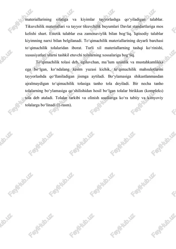 ni tashkil qiladi . kompleks tola va iplar - buylama birlashtirilgan elementar tola yoki iplardan tashkil topgan. to‘qimachilik materiallarida juda ko‘p va turli kimyoviy tarkib, tuzilish va xossalarga ega bo‘lgan tola va iplar qo‘llanadi. ularni o‘rganishni yengillashtirish uchun sinflashtiradilar. sinflashtirishning asosida - tolalarning kelib chiqishi (olinish usuli) va kimyoviy tarkibi kuyilgan. kelib chiqishi bo‘yicha hamma tolalar tabiiy va kimyoviyga bo‘linadi. tabiiy tolalarga o‘simliklar, jonivorlar va minerallardan olinadigan tolalar kiradi. ularni o‘simlik urug‘idan (paxta), poyasidan (zig‘ir, kanop, jut va boshqalar) va bargida (abaka, sezal) oladilar. jonivorlardan olinadigan tolalar oqsillardan tashkil topgan : keratin (jun), fibroin va seritsindan (ipak). kimyoviy tolalarni –zavodlarda tabiiy yoki sintetik yuqori molekulali birikmalardan (yumb) shakllantirish usuli bilan olinadi. o‘simlik tolalari sellyulozadan tashkil topgan. agar tola tabiatda mavjud bo‘lgan yuqori molekulali birikmalardan olinsa, u sun’iy tola deb ataladi. tola olish uchun ishlatiluvchi yuqori molekulali birikmalar oddiy moddalarni sintezlash yo‘li bilan olinsa, bunday tolalar sintetik tola deb ataladi sun’iy …