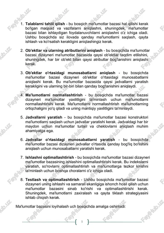 rinishida, ular o'rtasidagi munosabatlar va ma'lumotlar cheklovlarini tavsiflaydi. fizik dizayn - ma'lumotlar bazasini loyihalash bosqichi bo'lib, unda ma'lumotlar bazasining fizik modeli yaratiladi, ma'lumotlarni saqlash parametrlari aniqlanadi va ma'lumotlar bazasini amalga oshirish vositalari tanlanadi. bulardan tashqari ma'lumotlarni saqlash va boshqarish uchun mbbbt tanlanadi. ma'lumotlar bazasini tanlashda loyiha o’lchami, ishlash talablari va xarajatlar kabi omillar hisobga olinadi. ma'lumotlar bazasini loyihalash tugagandan so'ng, uning ishlashi va samarali ishlashini ta'minlash uchun test va optimallashtirish amalga oshirilishi kerak. bundan tashqari, tizim ishlamay qolganda ma'lumotlarning saqlanishini ta'minlash uchun zaxira va tiklash strategiyasini ishlab chiqish muhimdir. ma'lumotlar bazalarida rejalashtirish va loyihalash har-xil jarayon xisoblanadi, shunga qaramasdan ular bir-biriga bog'liq. ma'lumotlar bazasini rejalashtirish (mbr) dastlabki bosqich bo'lib, unda ma'lumotlar bazasiga bo'lgan talablar aniqlanadi, biznes jarayonlari va maqsadlari tahlil qilinadi, saqlanadigan ma'lumotlar va qayta ishlanishi kerak bo'lgan operatsiyalar aniqlanadi. rejalashtirish ma'lumotlar bazasining umumiy tushunchasini, uning tuzilishini, ma'lumotlar va funktsional talablar o'rtasidagi munosabatlarni aniqlashni o'z ichiga oladi. rejalashtirish natijasida ob'ektlar, …