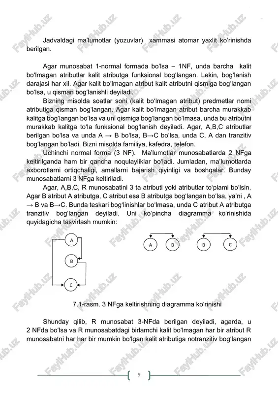 an atributlar orasidagi tranzitiv bog‘lanishlarni yo‘qotish va 3-nfni hosil qilish. ma’lumotlar bazasi va mbbt ni fizik tashkil etish. mbbt komponentalari va ularni amaliy dasturlar bilan o‘zaro bog‘liqligi ma’lumotlarni fizik tasvirlashda muhim o‘rin tutadi. mbbt murakkab til dastur kompleksidan iborat bo‘lib, mbni ishlashini ta’minlaydi. mbbt tarkibiga tizimli dasturlar kompleksi kiradi. bu kompleksni markaziy komponentasi monitoringi qismi yoki boshqaruvchi dasturlar hisoblanadi. komponentalarning fizik tashkil etuvchilari 7.2-rasmda berilgan. 7.2-rasm. mbbtning fizik tashkil etuvchilari 7.2-rasmda amaliy dasturlar tarkibidagi ma’lumotlar bilan ishlash tilini bitta operatorini bajarishiga tegishli bo‘lgan amallar ketma – ketligi ko‘rsatilgan. masalan, bu mbdan ma’lumotlarni o‘qish so‘rovi operatori bo‘lib xizmat qilsin. unda yo‘nalishlar quyidagi ma’noga ega: 1. amaliy dasturlar mbga sql operatori orqali murojaat qilsin. uni monitor tomonidan tahlil qilinadi. 2. talqin qilish jarayonida monitor oldindan translyatsiya qilib qo‘yilgan sxemani ishlatadi. 3. bu so‘rovga tegishli ma’lumotlar aniqlanib bo‘lingandan keyin, monitor otga tashqi xotiraga murojaat qilishni amalga oshirish talabi bilan murojaat qiladi. 4. ot …