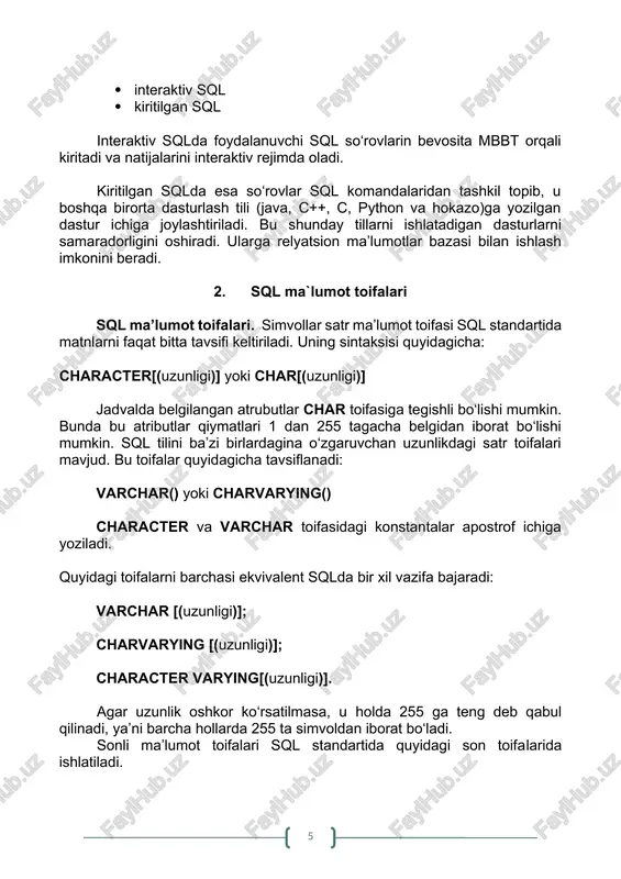 ekvivalent sqlda bir xil vazifa bajaradi: varchar [(uzunligi)]; charvarying [(uzunligi)]; character varying[(uzunligi)]. agar uzunlik oshkor ko‘rsatilmasa, u holda 255 ga teng deb qabul qilinadi, ya’ni barcha hollarda 255 ta simvoldan iborat bo‘ladi. sonli ma’lumot toifalari sql standartida quyidagi son toifalarida ishlatiladi. integer – butun sonlar uchun - 2-31….231; smallint – butun sonlar 2-15…215; decimal (aniqlik[masshtab]) – fiksirlangan nuqtali son. aniqlik sondagi qiymatli raqamlar masshtab. unli nuqtadan undagi raqamlarning maksimal sonini ko‘rsatadi; numeric – butun sonlar uchun - 2-31….231; float[(aniqlik)] – haqiqiy sonlar uchun qo‘llaniladi. bundan tashqari uzgaruvchan uzunlikdagi simvolli satrlar toifasi ham ishlatiladi. bunda uzgaruvchi toifalar ixtiyoriy uzunlikda bo‘ladi. bunda uzunliklar zarur bo‘lmagan parametrlar hisoblanadi. agar ular ishlatilmasa, unda 255 ta simvolga joy ajratiladi. simvolli satrlarni belgilashni yana bir usuli mavjud. 1. varchar [(uzunlik)] ma’lumotlarni sonli tiplari 1. integer 2. smallint 3. decimal (aniqlik, masshtab). 4. numeric (aniqlik, masshtab). 5. float (aniqlik). 6. date ko’rib chiqilmaydigan ma’lumotlar. sqlda atribut qiymatlari …