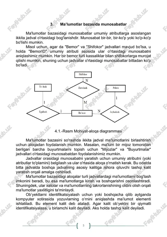 lementi ishlatiladi. bu element kalit deb ataladi. agar kalit ob’yektni bir qiymatli identifikatsiyalasa, u birlamchi kalit deyiladi. aks holda tashqi kalit deyiladi. agar ob’yektlarni identifikatsiyalash uchun bir nechta atributlar talab etilsa, bunday kalit tugallangan kalit deb ataladi. agar a va b guruhdagi ob’yektlar berilgan bo‘lsa, ular orasidagi quyidagi mosliklar yoki munosabatlarni o‘rnatish mumkin: 1. birga – bir (1:1)munosabat. a va b ob’yektlar to‘plami orasida 1:1 munosabat o‘rnatilgan deyiladi, agarda a ob’yektning bir nusxasiga b ob’yektning bitta nusxasi mos kelsa, va aksincha, b ob’yektning bir nusxasiga a ob’yektning bitta nusxasi mos kelsa. 2. birga – ko‘p (1:n) munosabat. a va b ob’yektlar to‘plamida a ob’yektning bir nusxasiga b ob’yektning bir nechta nusxasi mos kelsa, shu bilan birga b ob’yektning bir nusxasiga a ob’yektning bir nechta nusxasi mos kelsa shunday munosabat hosil bo‘ladi. 3. ko‘pga – bir (n:1) munosabat a va b ob’yektlar to‘plami orasida o‘rnatilsa, unda a ob’yektning bir nechta nusxasiga …