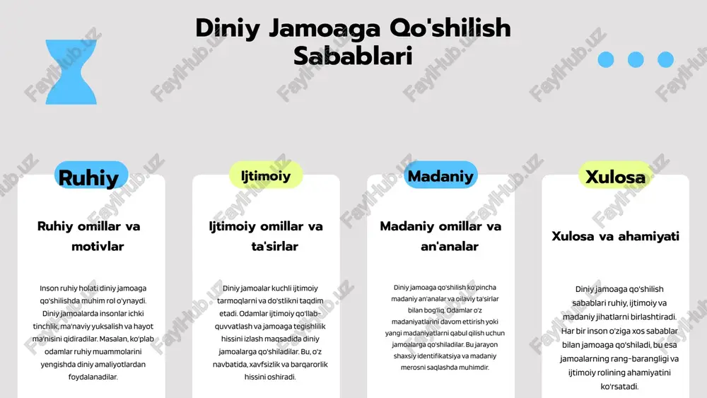 ot o'rnatadi. bu jarayonda shaxs, jamoaning diniy e'tiqodlari va amaliyotlari haqida ma'lumot to'playdi, bu esa diniy qiziqishni yanada kuchaytirishi mumkin. 3 qabul qilish: rasmiy kirish jarayoni qabul qilish bosqichida shaxs diniy jamoaga rasmiy ravishda qo'shiladi. bu jarayon diniy marosimlar yoki tasdiqlash tadbirlari orqali amalga oshirilishi mumkin. shaxs, jamoaning e'tiqodini qabul qilishga tayyor bo'ladi va o'zini jamoaning bir qismi sifatida his qiladi. 4 integratsiya: o'zgarishlar jarayoni integratsiya bosqichida shaxs diniy jamoaga qo'shilganidan keyin o'zgarishlar yuz beradi. bu o'zgarishlar shaxsning ijtimoiy hayotida, ruhiy holatida va diniy e'tiqodlarida ko'rinadi. shaxs, jamoaning bir qismi sifatida yangi ma'naviy va ijtimoiy tajribalarni qabul qiladi. diniy jamoaga qo'shilish psixologiyasi diniy jamoaga qo'shilish jarayoni shaxsning psixologik holatiga jiddiy ta'sir ko'rsatadi. bu jarayon identifikatsiya, qabul qilish va o'z-o'zini anglash kabi muhim psixologik fazalarni o'z ichiga oladi. 1. identifikatsiya: diniy jamoa bilan o'zini bog'lash shaxsning o'ziga xosligini shakllantiradi, bu orqali u jamoaning qadriyatlari va maqsadlari bilan birlashadi. 2. o'z-o'zini anglash: …