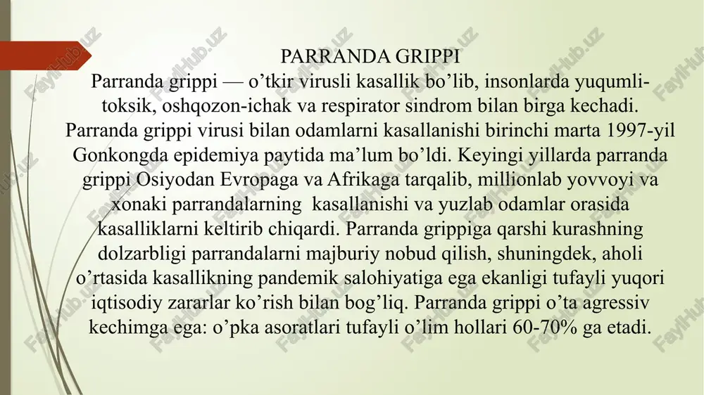 grippdan farq tomonlari shundaki: odamlar orasida cho‘chqa grippi infeksiyasining odatdagi klinik ko‘rinishi mavsumiy gripp va boshqa o‘tkir yuqori nafas yo‘llarining infeksiyalariga o‘xshash bo‘lib, haroratning ko‘tarilishiva nafas olish tizimida yallig‘lanish belgilarining yuzaga kelib yo‘tal, angina, faringit, burunning bitishi kabi belgilarning paydo bo‘lishidir, ayrim holatlarda qusish va ich ketish alomatlari yuzaga kelishi mumkin. odamlar odatda cho‘chqa grippini kasallangan cho‘chqalardan yuqtirishadi, ba’zi hollarda odamdan odamga yuqish kuzatilgan, ammo bu kasal odamlar bilan yaqin aloqada bo‘lgan odamlar va odamlar guruhlari bilan cheklangan. kasallik faqat maxsus laborator tekshirish usullari bilan tasdiqlanadi. cho‘chqa grippiga chalingan (gumon qilingan) bemorlar darhol yuqumli kasalliklar kasalxonasida maxsus tashkil etilgan gospitalga, gumon qilinganlar bo‘lsa, ular provizor gospitalga, muloqotda bo‘lganlar esa izolyatorga yotqiziladi. bemor to‘liq tuzalguncha davolanadi, alohidalanib (izolyasiya), tibbiy kuzatuv ostiga olinadi. agarda yaqinda chet el davlatidan qaytib, sog‘ligingizda bezovtalik sezsangiz darhol shifokorga murojaat qiling. image1.png image2.png image3.png /docprops/thumbnail.jpeg