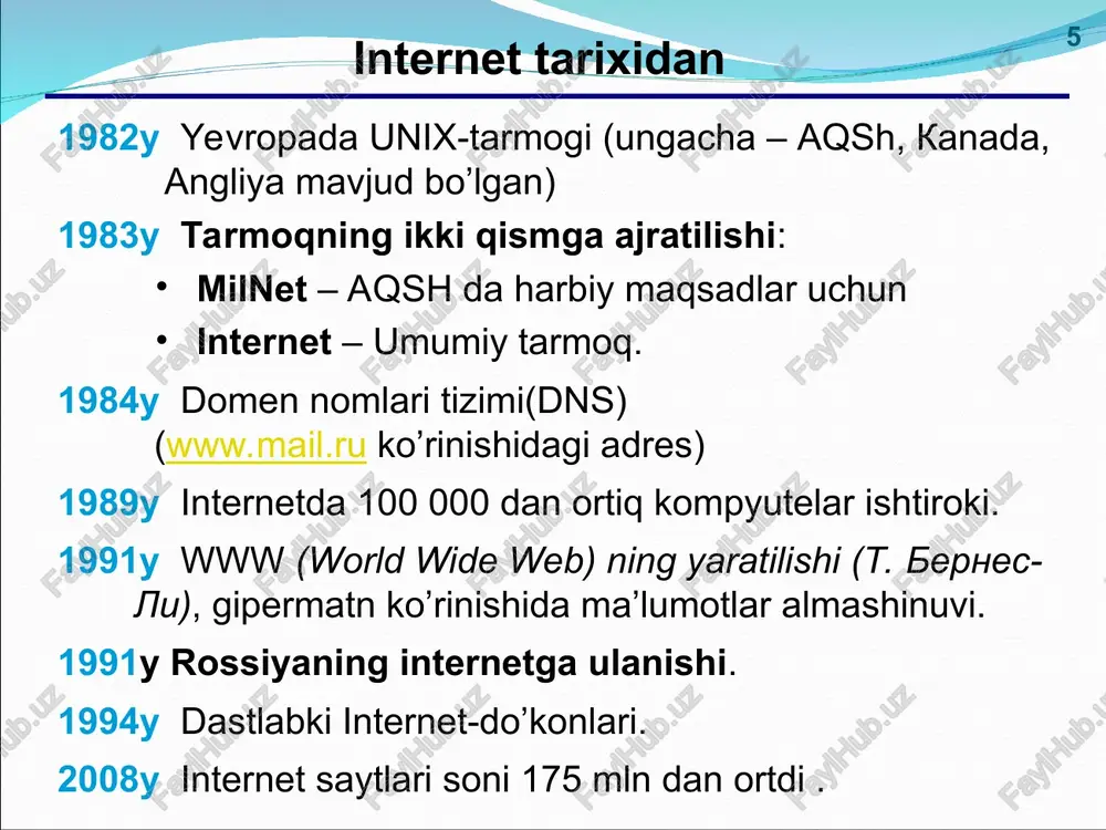 pik (topic) – mihokama mavzusi. topik-strater – boshlovchi tanlagan mavzu. offtopik (off-topic) – mavzudan tashqari fikrlar. * * qidiruv tizimlari indekslar(indeksi) – doimiy imternetning ma’lumotlar omborini to’ldirib turuvchi dastur yoki ishchi. (kataloglar)katalogi – insonlar-ekspert(gid)lar tomonidan qo’lda boyitilib boriladigan ma’luimotlar ombori. ko’plab ko’rsatkichlarning mavjudligi ko’rsatkichlarning mavzuga mos kelmasligi va ularni ko’rsatishning murakkabligi ko’rsatkichlar katalog mundarijasiga mos ko’rsatkichlar soni kam www.google.com, www.yandex.ru, www.rambler.ru www.yahoo.com, www.google.com, list.mail.ru, www.yandex.ru gibridli tizimlar(gibridnie sistemi)– indeks + katalog. * * real vaqtdagi muloqot (online) chatlar (angl. chat – boltovnya) real vaqtdagi matnli ma’lumotlar almashinuvi web-chatlar ( web-sahifalarda): barcha teng huquqli irc-chatlar (internet relay chat, 1988) «so’zlashuv» kanal o’z boshqaruvchilariga ega bo’ladi * * real vaqtdagi muloqot (online) isq (angl. i seek you), «aska», internet-peydjer. registratsiya: www.mirabilis.com, imkoniyatlari: dialog guruhdagi muhokama fayllar almashinuvi ruscha varianti: icq.rambler.ru * * internet-telefon skype (www.skype.com, www.skype.ru) real vaqtdagi so’zlashuv bepul skype – skype qo’ng’iroqlar fayllarni ko’rsatish yakka va guruh da muloqot telekonferensiya …
