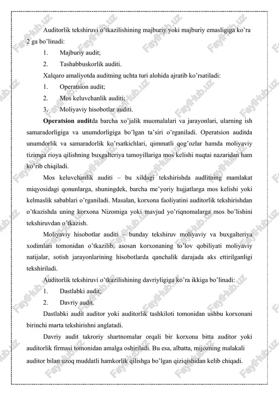 . xalqaro amaliyotda auditning uchta turi alohida ajratib ko’rsatiladi: 1. operatsion audit; 2. mos keluvchanlik auditi; 3. moliyaviy hisobotlar auditi. operatsion auditda barcha xo’jalik muomalalari va jarayonlari, ularning ish samaradorligiga va unumdorligiga bo’lgan ta’siri o’rganiladi. operatsion auditda unumdorlik va samaradorlik ko’rsatkichlari, qimmatli qog’ozlar hamda moliyaviy tizimga rioya qilishning buxgalteriya tamoyillariga mos kelishi nuqtai nazaridan ham ko’rib chiqiladi. mos keluvchanlik auditi – bu xildagi tekshirishda audlitning mamlakat miqyosidagi qonunlarga, shuningdek, barcha me’yoriy hujjatlarga mos kelishi yoki kelmaslik sabablari o’rganiladi. masalan, korxona faoliyatini auditorlik tekshirishdan o’tkazishda uning korxona nizomiga yoki mavjud yo’riqnomalarga mos bo’lishini tekshiruvdan o’tkazish. moliyaviy hisobotlar auditi – bunday tekshiruv moliyaviy va buxgalteriya xodimlari tomonidan o’tkazilib, asosan korxonaning to’lov qobiliyati moliyaviy natijalar, sotish jarayonlarining hisobotlarda qanchalik darajada aks ettirilganligi tekshiriladi. auditorlik tekshiruvi o’tkazilishining davriyligiga ko’ra ikkiga bo’linadi: 1. dastlabki audit; 2. davriy audit. dastlabki audit auditor yoki auditorlik tashkiloti tomonidan ushbu korxonani birinchi marta tekshirishni anglatadi. davriy audit takroriy shartnomalar …