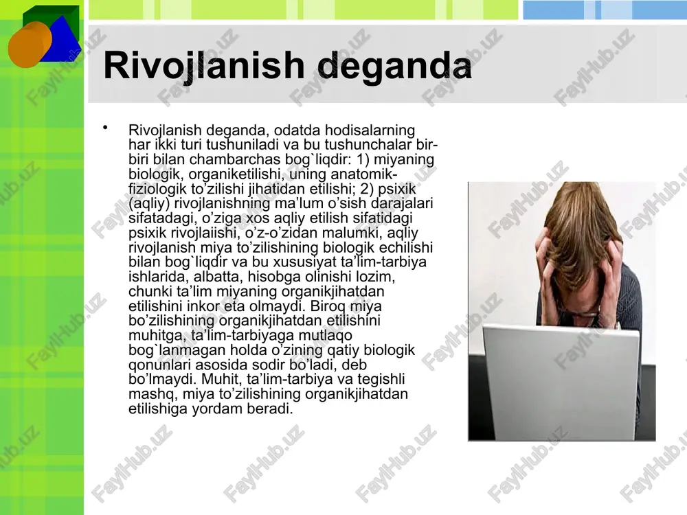 anda, o’quvchilarda ko’pincha noto’g`ri tasavvurlar vujudga keladi. motivlar bevosita o’quvchi shaxsining o’sishi va rivojlanishi bilan bog`liq d.b.elkonin esa o’quv faoliyatining xususiyatlarini ko’rsatib, uni mohiyatiga, mazmuniga va o’zini namoyon bo’lish shaqliga ko’ra ijtimoiyligini ta’kidlaydi. o`quv faoliyati bu shunday faoliyatki, uning natijasida avvalo o’quvchida o’zgarish yuz beradi. uning mahsuli turli motivlar asosida, qurilgan bo’lishi darkor. bu motivlar bevosita o’quvchi shaxsining o’sishi va rivojlanishi bilan bog`liq bo’lishi kerak. o’quv faoliyati ta’lim, o’qish va o’rganish degan tushunchalar bilan bevosita bog`liqdir. o’qish va o’rgatish tushunchalari o’qish va o’rgatish tushunchalari o’quv faoliyati bilan bog`liq bo’lib, ular bilim, ko’nikma va malakalarni o’zlashtirishga, o’rgatishga xizmat qiladi. ta’lim jarayonining muvaffaqiyati: motivastiya ma’lumot usullari ma’lumotning tushunarliligi xotira ma’lumotni qo’llash ta’lim va rivojlanish muammosiga doir qator nazariyalar ishlab chiqilgan bo’lib, ulardan biri: ta’lim va rivojlanish muammosiga doir qator nazariyalar ishlab chiqilgan bo’lib, ulardan biri: aqliy hatti-harakatlar, bilimlar, malaka va ko’nikmalarni bosqichma-bosqich rivojlantirish nazariyasi (p.ya.galperin). psixik (aqliy)rivojlanishning ma'lum dinamik darajalari sifatidagi o`ziga …