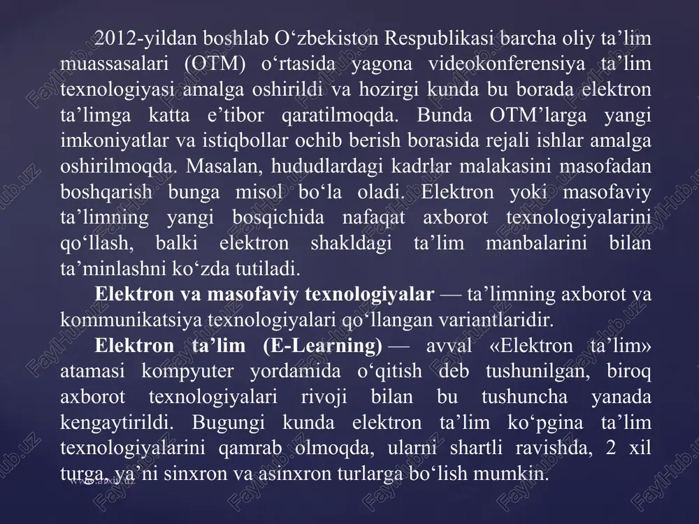 iruvchi va reyting daftarchalarni shakllantiruvchi tashkiliy didaktik robotlardir. elektron ta’limiy manbalarga kirish talabaning saytdagi «shaxsiy studiya» orqali amalga oshiriladi. o‘quv jarayonini ma’murlash iis «nur» intellektual axborot tizimi orqali amalga oshiriladi. bu tizim har bir talabaning o‘qishga kirganidan to diplom olgungacha qadar bo‘lgan vaqtdagi o‘qishini kuzatib boradi va nazorat qiladi, baholash va akademik ma’murlashda talabani elektron tarzda identifikatsiyalaydi. respublikamiz ta’lim muassasalarining barcha bo‘g‘inlarida takomillashgan tamoyillarga asoslangan yuqorida keltirilgan tizimlarni joriy etsak, o‘ylaymanki ta’lim jarayonida olib borilayot-gan islohatlarning namunali, samarali ijrosining bir bo‘lagi bo‘lib xizmat qiladi. adabiyotlar 1. karimov i.a. barkamol avlod - o‘zbekiston taraqqiyotining poydevori. – t.: sharq, 1998. b. 4-19. 2. o‘zbekiston respublikasining «ta‘lim to‘g‘risida»gi qonuni. barkamol avlod – o‘zbekiston taraqqiyotining poydevori. – t.: 1998. b. 20-29. 3. kadrlar tayyorlash milliy dasturi. barkamol avlod – o‘zbekiston taraqqiyotining poydevori. – t.: sharq, 1998. b. 31-61. 4. azizxo‘jaeva.n.n.pedagogik texnologiya va pedagogik mahorat.–t.:2003.-174 b. 5. barkamol avlod orzusi. – t.: o‘zbekiston. 2000. - …