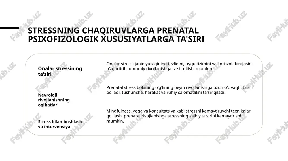 g'lik muammolari tug'ilishiga olib kelishi mumkin. yengil ovqatga va sog'lik xizmatlariga kirish, bolaning fizik va ma'naviy sog'ligini shakllantirishda ahamiyatli rol o'ynaydi, xususan, ularga yosh davrida. faqirlik yoki noaniqli yashash sharoitlariga bo'lgan yuqori stress darajalari prenatal va chaqoloq davridagi sog'likni ta'sir qilishi mumkin, bu esa ona va bolaga salbiy natijalarga olib kelishi mumkin. prenatal xafa ko'rsatuvlarining davrini belgilari 1 2 3 oziq-ovqatlanish o'zgarishlari uxlash xavfi kiyim-tuyim va hissiy o'zgarishlar o'sish yoki kamayish, ma'lum ovqatlar talab qilishi, yoki ma'lum ovqatlarga sudden yoqimli bo'lish, prenatal xafaning belgilari bo'lishi mumkin. uxlashda yoki uxlashda qiyinlik, tez uxlash yoki uxlashda ko'p turar joylashish, yoki ko'p uxlash, prenatal xafaning belgilari bo'lishi mumkin. qiziqarli his qilish, tez ko'ngillanish, yoki extremalikda hissiy o'zgarishlarni his qilish, prenatal xafaning belgilari bo'lishi mumkin. prenatal va postnatal interventsiyalarni optimal rivojlantirish uchun 1 2 3 prenatal oziq-ovqatlanish va qo'shimchalari postnatal yosh bolalar ta'lim dasturlari ota-onaning ruhiy salomatligiga qo'llab-quvvatlash yetarli prenatal oziq-ovqatlanish va folik kislota …