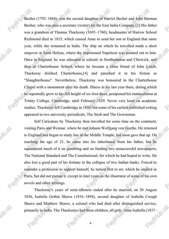 ndia. the thackerays had three children, all girls: anne isabella (1837–1919), jane (who died at eight months old) and harriet marian (1840–1875), who married sir leslie stephen, editor, biographer and philosopher. thackeray now began "writing for his life", as he put it, turning to journalism in an effort to support his young family. he primarily worked for fraser's magazine, a sharp-witted and sharp-tongued conservative publication for which he produced art criticism, short fictional sketches, and two longer fictional works, catherine and the luck of barry lyndon. between 1837 and 1840, he also reviewed books for the times. he was also a regular contributor to the morning chronicle and the foreign quarterly review. later, through his connection to the illustrator john leech, he began writing for the newly created magazine punch, in which he published the snob papers, later collected as the book of snobs. this work popularised the modern meaning …