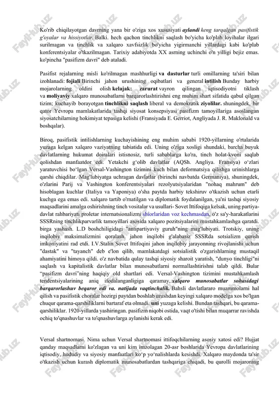 ndi. qo'shma shtatlar hududining o'zi harbiy harakatlardan ta'sirlanmagan va shuning uchun evropa davlatlaridan farqli o'laroq, qo'shma shtatlar har qanday moddiy zarar va vayronagarchilikdan qochishga muvaffaq bo'ldi. qo'shma shtatlarning iqtisodiy mavqeini mustahkamlashning yana bir muhim sharti evropaning urushayotgan mamlakatlari uchun harbiy materiallar, oziq-ovqat va xom ashyo etkazib beruvchining "ishtiroki" edi. yangi yirik investitsiyalar amerika iqtisodiyotining ishlab chiqarish imkoniyatlarini sezilarli darajada oshirdi va uning tez o'sishini ta'minladi. 1920 yilda aqshning jahon sanoat ishlab chiqarishidagi ulushi 38% dan oshdi. yana bir muhim metamorfoz aqshning xalqaro moliyaviy holatini tubdan o'zgartirish edi. 1914-1920-yillarda amerikaning xorijdagi sarmoyalari 6 baravarga oshdi: 3 dan 18 milliard dollargacha.agar urushgacha aqsh yevropadan 3,7 milliard dollar qarz boʻlgan boʻlsa, urushdan keyin u aqshga 11 milliard dollar qarzdor boʻlgan. aqsh qarzdor davlatdan yirik xalqaro kreditorga aylandi. aqsh moliyaviy ahvolining mustahkamlanishi iqtisodiy yetakchilik bilan birgalikda mamlakatning mintaqaviy davlatdan buyuk jahon davlatiga aylanishi uchun moddiy asos yaratdi. kengroq xalqaro aspektda bu kapitalistik dunyoning sanoat …