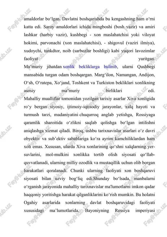 qo‘shibolinishi progressiv fakt bo‘lgan edi”, degan soxta fikr qaror topgan va tarixchi olimlar tomonidan “kiritilishi”, “o‘z ixtiyoriga ko‘ra qo‘shib olinishi” kabi atamalar ishlatila boshlangan. 60–80-yillarning birinchi yarmida tadqiqotlarning muammoviy doirasi kengayib, xiva xonligining ijtimoiy- iqtisodiy, siyosiy hayotining ko‘pgina masalalar qator tadqiqotlarda yoritilgan bo‘lsa, 80- yillarning ikkinchi yarmidan boshlab, “qayta qurish” munosabati bilan ilmiy tadqiqotlarda “ko‘rsatma bilan ishlash” prinsipi o‘rniga tarixiylik prinsipi tiklana borishi bilan qator respublika va xalqaro miqyosda o‘tkazilgan ilmiy anjumanlarda rossiya imperiyasining o‘rta osiyoni xususan, xiva xonligini bosib olish masalasi, davlatchilik tarixi, mustamlaka va sovet hokimiyati boshqaruv tizimining mazmun-mohiyati va xususiyatlarini o‘rganish, ularning o‘ziga xos jihatlarini aniqlash kabi masalalarga e'tibor kuchaygan. 1916 yildagi xiva qo‘zg‘oloni xususida sovet davrida ham turlicha fikrlar mavjud bo‘lib, ushbu qo‘zg‘olon 1930 yilda yozilgan p. alekseenkov asarida “rossiya imperializmiga qarshi milliy ozodlik harakati” sifatida baholangan bo‘lsa, 1950 – 1960 yillarda g‘. nepesov, o. sodiqov asarlarida bu qo‘zg‘olon dastlab ijobiy, keyin «reaksion» deb atalgan bosqichlarga …