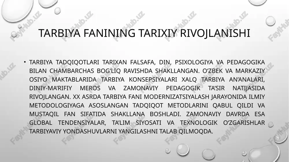 timoiy-iqtisodiy sharoitlar kiradi. taklif sifatida integrativ tadqiqotlar o‘tkazish, baholash tizimini standartlashtirish, o‘qituvchilarni kasbiy rivojlantirish va raqamli vositalarni joriy etishni kengaytirish kerakligi ta’kidlanadi. bu choralar tarbiya samaradorligini oshirish va faniy asoslarni mustahkamlashga xizmat qiladi. xulosa qiyosiy tahlil natijalari shuni ko‘rsatadiki, tarbiya fani o‘ziga xosligi bilan nazariy-amaliy integratsiya, interdisciplinarlik, axloqiy va normativ komponentlar orqali boshqa ijtimoiy fanlardan ajralib turadi. tarbiya fanining rivojlanishi uchun metodologik takomillashtirish, empirik tadqiqotlarning ko‘payishi va amaliy dasturlarni sinchkovlik bilan baholash zarur. yakuniy xulosada tarbiya fanini mustahkamlash — bu shaxsning sog‘lom, mas’uliyatli va ijtimoiy jihatdan faol bo‘lgan fuqaroga aylanishi uchun fundamental shartdir. e'tiboringiz uchun rahmat! image2.png image3.png image1.png /docprops/thumbnail.jpeg