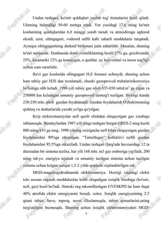 nsiyaning 65% energiyasining aes energiyasi tashkil qiladi. sobiq ittifoq (37,1 mln kvt), yaponiya (29,3), kanada (11,8), ispaniya (7,5), tayvan (4,9), chexiya (3,2), hindiston (1,5 mln.kvt) kabi mamlakatlarda aes ishlaydi. 1.2.atom energiyasidan foydalanish. aes energiya ishlab chiqarishning eng yuqori yutug'i bo'lishi bilan birga, alohida e'tibor, ehtiyotkorlik talab qiladi, chunki chernobil, aqsh, angliya, germaniya kabi mamlakatlarda aes ning avariyaga uchrashi bunga yaqqol misol bo'la oladi. 1986- yili chernobil aes ning halokati vaqtida yadro yoqilg'isini yuqori haroratda (700-9000s) temir, tosh, hosil bo'lgan plutoniy zarrachali chang-to'zon atrof-muhitga tarqalgan. buning natijasida chernobilga yaqin joylashgan ukraina, belorussiya erlarida radioaktiv chang-to'zon tushgan. yer, suv, o'simlik, hayvonot va odamlar tanasida radioaktivlik ortib ketgan. hozirgi vaqtda shunday radioaktivlashgan yuzlab qishloqlari aholilari boshqa joylarga ko'chirilgan. 1971-1984-yillar ichida 14 ta mamlakatning 151 ta aes larida halokat sodir bo'lgan. buning natijasida tabiat va undagi tiriklik xavf ostida qolgan, 2001-yil boshida chernobil aes ni ishlatish to'xtatildi. aes lar o'rtacha ishlaganda yadrodan gazsimon vauchib …