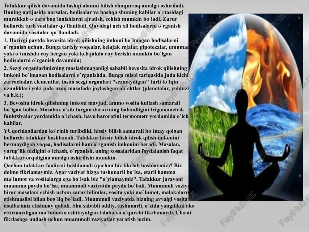 ega bo`ladi. maktabning, pedagoglarning asosiy vazifalridan biri o`quvchilarning mavhum tafakko`rini rivojlantirish, ularda to`g`ri shakllangan tushunchalar tizimini hosil qilishdan iboratdir. tafakkurning individual xususiyatlari. turli kishilarda tafakkur xususiyatlar turlicha tarkib topgan va turlicha nomoyon bo`ladi. bir kishining o`zida ham tafakkurning turli xususiyatlari turlicha nomoyon bo`ladi. bularning hammasi tafakkurning individual xususiyatlarining asosini tashkil qiladi. tafakkurning individual xususiyatlariga bilish faoliyatining mustaqillik darajasi, epchillik, fikrlashning tezligi kabilar kiradi. tafakkurning mustaqilligi dastavval yangi masala, yangi muammoni ko`ra bilish va kuya bilishda, undan sung esa uni o`z kuchi bilan echa bilishda nomoyon bo`ladi. tafakkurning mustaqilligida uning ijodiy xarakteri o`z ifodasini topgan. tafakkurning ixchamligi shundan iboratki, masalani echishning boshda belgilangan yo`li (rejasi) asta-sekin yuzaga chiqadigan, avvaldan hisobga olib bo`lmaydigan muammo shartlarini qanoatlantirmasa, ana shu yo`lni o`zgartira olishdan iboratdir. fikrning tezligi biror qarorni qisqa muddat ichida qabul qilish talab qilingan hollarda talab qilinadi. tafakkurning yuqorida ko`rsatilgan barcha va boshqa juda ko`p sifatlari uning asosiy sifati yoki belgisi bilan chambarchas …