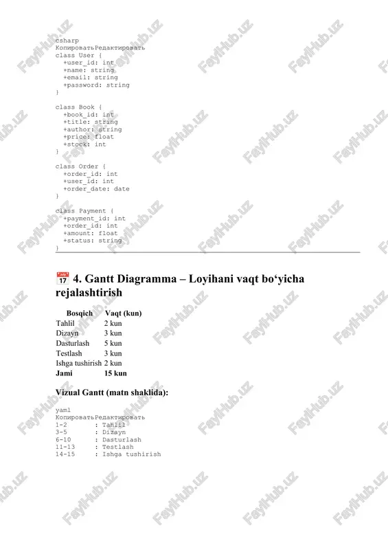 hlab chiqishi, harakatlar qanday bo‘lishi, cheklovlar, tizim holatlari — barchasi bu yerda aniq yoziladi. masalan: login sahifasida foydalanuvchi email va parol kiritadi , "parolni esdan chiqardim" tugmasi bo‘ladi, noto‘g‘ri kiritilganda "parol noto‘g‘ri" degan xabar chiqadi. erd (entity relationship diagram) bu hujjat ma’lumotlar bazasi (db) strukturasini tushunish uchun ishlatiladi. unda jadval (entity) va ular o‘rtasidagi bog‘liqliklar (relationship) ko‘rsatiladi: birga - bir, birga - ko‘p, ko‘pga - ko‘p. masalan: foydalanuvchi (user) bir nechta buyurtma (order) ga ega bo‘lishi mumkin. ya'ni: user 1 - m order . uml diagrammalari (unified modeling language) uml diagrammalar — dastur strukturasi va harakatlari ni grafik tarzda ifodalaydi. turli xil diagrammalar mavjud: • use case – foydalanuvchi tizim bilan qanday o‘zaro aloqada bo‘ladi. • activity diagram – harakatlar oqimi • class diagram – sinflar va ularning atributlari/methodlari • sequence diagram – komponentlar o‘rtasidagi xabar almashinuvi ketma - ketligi. masalan: "mahsulot sotib olish" use case : foydalanuvchi > login …