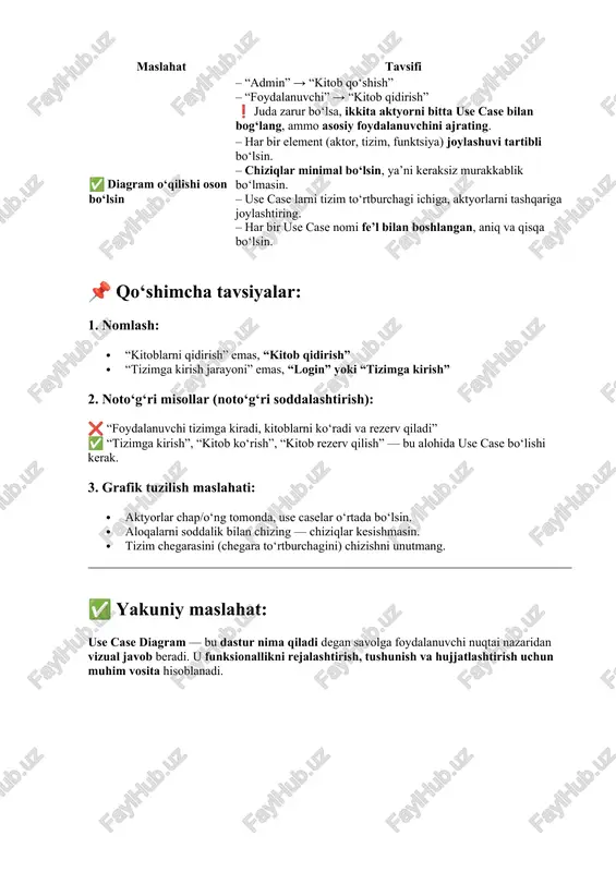 tizim bilan qanday o‘zaro harakat qilishini tushunadilar. uml diagramlaridan biri bo‘lgan use case orqali asosiy ssenariylarni chizish va talqin qilishni o‘rganadilar. ?? 1. use case diagram — bu nima? use case diagram — bu tizimdan foydalanuvchi lar (aktorlar) qanday foydalanishini grafik shaklda ko‘rsatadigan uml (unified modeling language) modelidir. bu diagram tizimda qanday funksiyalar mavjudligini va ular kim tomonidan qanday bajarilishini aniqlik bilan tushuntiradi. ?? asosiy elementlar va tushunchalari: element tavsifi aktor (actor) tizimdan foydalanadigan tashqi subyekt (foydalanuvchi, administrator, tizim) use case (ish holati) tizim bajaradigan funksiyalar (login, qidirish, buyurtma qilish) tizim chegarasi (system boundary) use caselar bajariladigan tizim doirasi (chegara chizig‘i bilan ajratiladi) aloqa (association) aktor va use case o‘rtasidagi chiziqli aloqa «include» bir use case boshqa bir use caseni majburiy chaqiradi ( ? aloqasi) «extend» qo‘shimcha harakat, faqat kerak bo‘lsa bajariladi ( ? aloqasi) ?? diagramning maqsadi nima?  foydalanuvchi qanday amallarni bajarishini ko‘rsatish  tizimda nimalar kutilayotgani haqida …