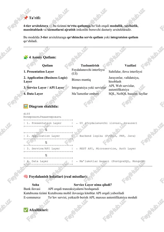 entifikatsiya, boshqa xizmatlar bilan bog‘lanish 5 data layer ma’lumotlar bazasi, fayllar, cache (sql, nosql, redis) 🖼 diagram ko‘rinishida: scss kopirovatredaktirovat [ 1. client layer ] (browser, mobile app) ⇅ [ 2. web layer ] (web server – apache, nginx, express) ⇅ [ 3. application layer ] (backend logika – java, python, node.js) ⇅ [ 4. service layer ] (rest api, auth, notification, microservices) ⇅ [ 5. data layer ] (postgresql, mongodb, redis, cloud storage) 🧠 har bir qatlamning vazifasi: qatlam vazifasi client layer ui interfeys orqali foydalanuvchi bilan aloqada bo‘ladi web layer http orqali kiruvchi so‘rovlarni qabul qiladi va marshrutlashtiradi application layer tizim logikasini bajaradi (misol: foydalanuvchi band qilgan kitobni tekshiradi) service layer api, autentifikatsiya, billing, email yuborish kabi xizmatlarni ajratadi data layer asosiy ma’lumotlar bazasini saqlaydi va boshqaradi 🧩 real misol: kutubxona axborot tizimi (library system) qatlam nima bo‘ladi? client kutubxona web ilovasi yoki mobil app web web server …