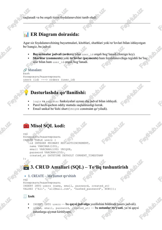 ail, password, created_at). · from users — bu users jadvalidan o‘qilsin degani. ✳️ masalan, natijada quyidagicha jadval chiqadi: id name email password created_at 1 ali ali@mail.com hashed_password 2025-07-17 11:22:00 🔹 3. update – ma’lumotni yangilash (tahrirlash) sql kopirovatredaktirovat update users set name='alisher' where id=1; 🧾 izoh: · update users — bu qaysi jadvaldagi ma’lumot o‘zgarishini bildiradi. · set name='alisher' — bu qaysi ustun, qanday qiymatga o‘zgartirilishini bildiradi. · where id=1 — qaysi satr yangilanayotganini bildiradi. aks holda, barcha foydalanuvchilar nomi o‘zgaradi! ✅ natija: id = 1 bo‘lgan foydalanuvchining name ustuni "ali"dan "alisher"ga o‘zgaradi. 🔹 4. delete – ma’lumotni o‘chirish sql kopirovatredaktirovat delete from users where id=1; 🧾 izoh: · delete from users — bu users jadvalidan ma’lumot o‘chirishni bildiradi. · where id=1 — qaysi satr o‘chirilishini bildiradi. ⚠️ eslatma: agar where sharti yozilmasa: sql kopirovatredaktirovat delete from users; bu butun jadvaldagi barcha foydalanuvchilarni o‘chiradi! juda ehtiyot bo‘lish kerak. ✅ umumiy …