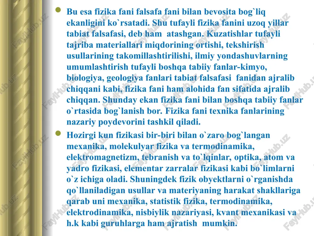 y sanoq sistemada o‘lchanayotganligiga bog‘liq. nisbiylik nazariyasi tinch holatdagi l0 uzunlikdagi sterjen harakatlangandagi l uzunligidan farq qilishini ko‘rsatdi. xuddi shuningdek vaqtning o‘tishi ham, jismning massasi ham o‘zgarishi mumkinligini ko‘rsatadi. bunday farq norelativik jarayonlarda sezilmasa ham, jism tezligi c ga yaqinlashsa sezilar ekan. mexanika fani taraqqiyoti kishilik jamiyatining madaniy tarixi bilan uzviy bog‘liqdir. kishilik jamiyati rivojining antik durdonalaridan hisoblangan misr piramidalarining qurilishi qadimda kishilar mexanika qonunlarini amalda tatbiq qila bilganliklaridan dalolatdir. qadimgi zamon yunon faylasuflaridan aristotel o‘zining "fizika" kitobida qadimiy ishlarning mexanik sohadagi bilimlarini umumlashtirdi. richag qonuni, suzuvchi jismlarning muvozanat qonuni arximed tomonidan (eramizgacha iii asr) aniq ko‘rsatilgan edi. xvii asrda galiley jismlar harakatining asosiy qonunini ochib berdi. uni nyuton yanada ixcham va ravshan ko‘rinishda bayon qildi. ammo kuch va harakatni bog‘lovchi asosiy qonunning matematik bog‘lanishi xviii asrda nyuton tomonidan ochildi. * fizik kattaliklarning birliklari va ularning eng oxirgi ta’rifi kilogramm ta'rifi o‘zgardi. 2019-yil 20-maydan e’tiboran si tizimining yetti asosiy birliklaridan …