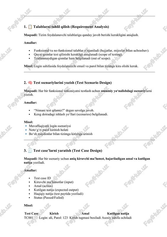 nishi kerakligi aniqlanadi (scope of testing). · testlanmaydigan qismlar ham belgilanadi (out of scope). misol: login sahifasida foydalanuvchi email va parol bilan tizimga kira olishi kerak. 2. 🧠 test ssenariylarini yozish (test scenario design) maqsadi: har bir funksional imkoniyatni testlash uchun umumiy yo‘nalishdagi ssenariylarni yozish. amallar: · “nimani test qilamiz?” degan savolga javob. · keng doiradagi ishlash yo‘llari (scenarios) belgilanadi. misol: 🔹 muvaffaqiyatli login ssenariysi 🔹 noto‘g‘ri parol kiritish holati 🔹 bo‘sh maydonlar bilan tizimga kirishga urinish 3. 🧾 test case’larni yaratish (test case design) maqsadi: har bir ssenariy uchun aniq kiruvchi ma’lumot, bajariladigan amal va kutilgan natija yoziladi. amallar: · test case id · kiruvchi ma’lumotlar (input) · amal (action) · kutilgan natija (expected output) · haqiqiy natija (test paytida yoziladi) · status (passed/failed) misol: test case kirish amal kutilgan natija tc001 login: ali, parol: 123 kirish tugmasi bosiladi asosiy sahifa ochiladi tc002 login: ali, parol: xato kirish tugmasi …