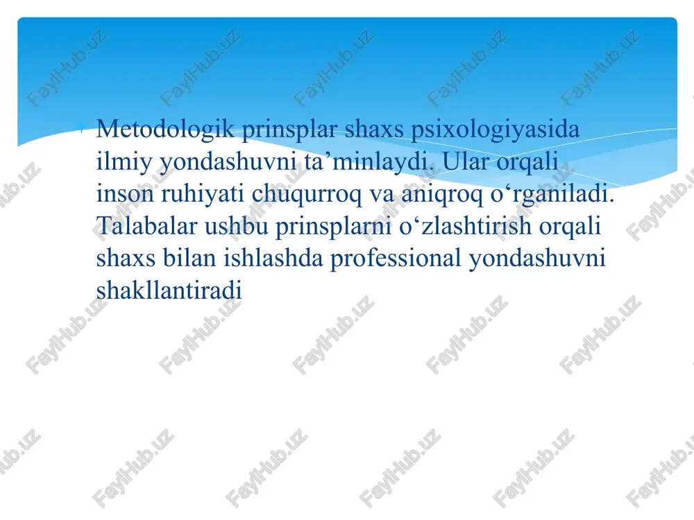 ni tushuntiruvchi nazariy yondashuvlardir. har bir nazariya o‘zining muayyan konsepsiyasiga, tushunchalar tizimiga, metodologiyasiga va ilmiy asoslariga ega. shu bois, shaxs haqidagi nazariyalarni tizimli baholash, solishtirish, va ilmiy asosda farqlash uchun mezonlar (ya’ni baholash kriteriylari) zarur hisoblanadi. 2. shaxs nazariyasi nima? shaxs nazariyasi — bu insonning shaxs sifatida shakllanishi, rivojlanishi va namoyon bo‘lishini tushuntirib beruvchi ilmiy konsepsiyalar yig‘indisidir. shaxs nazariyalari yordamida quyidagilar tushuntiriladi: shaxs qanday shakllanadi? uning asosiy psixologik tarkibiy qismlari qanday? shaxsning xulqi nimaga asoslanadi? shaxs qanday o‘zgaradi va rivojlanadi? 3. shaxs nazariyalarini baholash zarurati psixologiyada ko‘plab shaxs nazariyalari mavjud: psixoanalitik (freyd) gumanistik (maslow, rogers) behayvioristik (skinner) kognitiv (kelly) biologik (eysenck) faoliyat yondashuvi (leontyev, vygotskiy) har bir nazariya shaxsni turlicha talqin qiladi. shuning uchun ularni baholash va taqqoslash uchun ilmiy mezonlar ishlab chiqilgan. 4. shaxs nazariyalarini belgilovchi asosiy mezonlar quyida shaxs nazariyalarini tahlil qilishda ishlatiladigan asosiy 10 ta mezon keltirilgan: ✅ 1. ilmiy asoslanganlik nazariya empirik dalillar va ilmiy tadqiqotlar …
