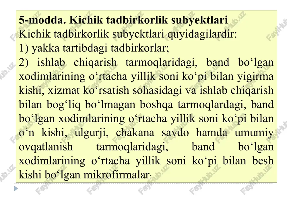 igacha qoplash tartibi bekor qilinadi tadbirkorlik faoliyatini tashkil etish o'zbekiston respublikasi qonunchiligi asosda belgilangan tartibda amalga oshiriladi. tadbirkorlik faoliyatining sub'ekti bo'lish uchun ular belgilangan tartibda ro'yxatdan o'tgan bo'lishlari kerak. fkning 24-moddasiga muvofiq jismoniy shaxs, ya'ni “fuqaro yakka tadbirkor sifatida davlat ro'yxatidan o'tgazilgan paytdan boshlab tadbirkorlik faoliyati bilan shug'ullanishga haqlidir”. yuridik shaxs ham tadbirkorlik faoliyati sub'ekti bo'lishi uchun tegishli tartibda davlat ro'yxatdan o'tgan, bunday faoliyatning muayyan turi bilan shug'ullanish uchun ruxsatnoma (litsenziya) olgan bo'lishi kerak. shuning bilan birga tadbirkorlik faoliyati sub'ekti hisoblangan korxona yoki firma yuridik shaxs deb tan olinishi uchun fkning 44-moddasida nazarda tutilgan tartibda davlat ro'yxatidan o'tkazilgan bo'lishi kerak. angliyada tadbirkorlik subektlari faoliyati tijorat va sanoatni o'z ichiga qamrab oluvchi uch asosiy turga bo'linadi. yakka tartibdagi tadbirkor. sherikchilik kompaniya tadbirkorlik faoliyati sub'ektlari tomonidan qonun hujjatlariga muvofiq amalga oshiriladigan, o'zi tavakkal qilib va o'z mulkiy javobgarligi ostida daromad (foyda) olishga qaratilgan tashabbuskorlik faoliyatidir. tadbirkorlik faoliyati (tadbirkorlik) (o'zbekiston respublikasining 2012 yil …