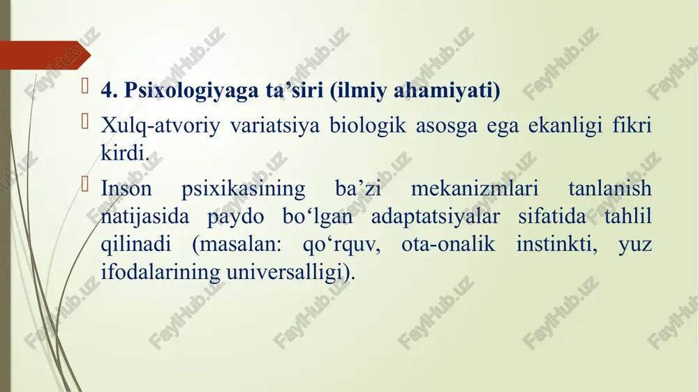 g‘azab, qo‘rquv) yuz ifodalari orqali madaniyatdan qat’iy nazar ifodalanishini ko‘rsatadi — bu adaptatsion signallar bo‘lishi mumkin. ota-ona investitsiyasi nazariyasi: ota-onalar bolalarga investitsiya qilish orqali o‘z genlarini davom ettiradi — bu motivatsiyalar va hissiyotlarni (parvarish, himoya hissi) tushuntiradi. tarkibiy xulq-atvorlar (cheating detection): ijtimoiy almashinuv sharoitida firibgarlikni aniqlash uchun maxsus mexanizmlar mavjudligi taklif qilinadi. 3. metodologiya: evolyutsion psixologiyada qanday tadqiqotlar olib boriladi kross-madaniy tadqiqotlar (universallikni tekshirish). genetik va molekulyar tadqiqotlar (xulq-atvor bilan genetik bog‘liqlik). eksperimental psixologiya (qaror qabul qilish, juft tanlash vazifalari). kompyuter modellashtirish va simulyatsiyalar (populyatsiya darajasida strategiyalarni kuzatish). 4. cheklovlar va kritik fikrlar post hoc talqin xavfi: har qanday xulq-atvorni evolyutsion adaptatsiya sifatida poytaxtlash ehtimoli bor — bu ilmiy jihatdan ehtiyotkorlik talab qiladi. empirik testlash qiyinchiliklari: tarixiy evolyutsion bosqichlarni to‘g‘ridan-to‘g‘ri tekshirish qiyin. madaniyat ta’siri: madaniy va ijtimoiy o‘zgaruvchilar hamda o‘rganish mexanizmlari kuchli ta’sir ko‘rsatadi — bularni integratsiyalash zarur. 5. amaliy oqibatlar psixologiyada klinika: ba’zi tashvish va fobiya turlari evolyutsion nuqtai …