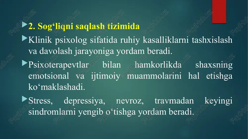 t a’zolari o‘rtasida o‘zaro hurmat va birdamlikni kuchaytiradi. 2. ta’lim sifatini oshirishda yordam beradi o‘qituvchilarga pedagogik jarayonda psixologik yondashuvni qo‘llashda ko‘maklashadi. o‘quvchilarning individual xususiyatlarini hisobga olib, ularning o‘quv motivatsiyasi va samaradorligini oshiradi. 3. oilaviy nizolarni hal qilishga ko‘maklashadi turmush o‘rtog‘lar, ota-ona va farzandlar o‘rtasidagi tushunmovchiliklarni bartaraf etishga yordam beradi. oilaviy munosabatlarni mustahkamlash orqali jamiyatda ijtimoiy barqarorlikni ta’minlaydi. 4. mehnat unumdorligini oshirishga xizmat qiladi ishlab chiqarish va boshqaruv sohasida stressni kamaytirish, jamoaviy ruhni kuchaytirish orqali samaradorlikni oshiradi. kadrlar tanlovi, motivatsiya va mehnat jarayonlarini psixologik asoslash orqali ishlab chiqarishda yuqori natijaga erishiladi. 5. stress, xavotir, depressiya kabi muammolarni kamaytiradi psixologlar shaxsiy hayotda va kasbiy faoliyatda yuzaga keladigan emotsional muammolarni bartaraf etishga yordam beradi. psixoprofilaktika va korrektsion mashg‘ulotlar orqali odamlarning ruhiy salomatligini mustahkamlaydi. 6. o‘zbekistonda psixologiya kasbining rivojlanishi va istiqbollari mustaqillikdan so‘ng psixologiya sohasi yangi bosqichga ko‘tarildi. maktab va oliy ta’limda psixolog shtatlari joriy qilindi. psixologik markazlar, konsultatsiya xizmatlari tashkil etilmoqda. psixologlar uchun …