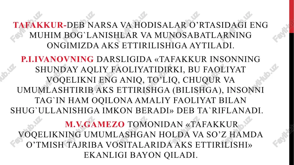 iz fikrlashga o’rganamiz-deb yozadi. uning fikricha, narsa va voqealarning mohiyatini tushunish, anglab etish, inson fikrlash jarayonida muhim o’rin egallaydi. tushunishni talab qiladigan narsa insonni fikrlashga undaydi. tushunishni talab qiladigan narsa hech qachon biz tomonimizdan yaratilmaydi e’tiboringiz uchun rahmat image2.png image3.png image4.png image5.png /docprops/thumbnail.jpeg