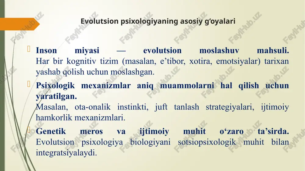 on reproduktiv muvaffaqiyatni oshirishga xizmat qiladi. d. bussning tadqiqotlariga ko‘ra, jinslar o‘rtasidagi rashk, sadoqat, joziba kabi xulqlar evolyutsion strategiyalar mahsulidir. misol: ayollarda “resurs barqarorligi”ga e’tibor kuchli bo‘lsa, erkaklarda “genetik sifat” (sog‘lom va jozibali juft)ni tanlash ustuvor bo‘ladi. 2. agres­siya va raqobat mexanizmlari agressiya inson tarixida resurs, maqom va himoya uchun kurashish natijasida shakllangan. erkaklarda biologik raqobat — dominatsiya va status uchun kurash orqali genetik muvaffaqiyatni ta’minlagan. ayollarda esa agressiya ko‘proq ijtimoiy himoya shaklida namoyon bo‘ladi (masalan, farzand xavfsizligi uchun). evolutsion yondashuv agressiyani shunchaki salbiy hodisa emas, balki moslashuv mexanizmi sifatida izohlaydi. 3. emotsiyalar evolutsiyasi emotsiyalar — insonni atrof-muhitdagi xavf yoki imkoniyatlarga tez javob berishga yordam beruvchi evolutsion vositadir. qo‘rquv — hayot uchun xavfli vaziyatlardan qochishga yordam beradi. rashk — juft sadoqatini saqlash mexanizmi sifatida. muhabbat — ijtimoiy aloqalarni mustahkamlovchi hissiy bog‘lanish shakli. demak, emotsiyalar evolyutsion jihatdan moslashuvga yo‘naltirilgan biologik “signal tizimi” dir. 4. ota-onalik va qarindoshlik aloqalari asosiy nazariya: inclusive …