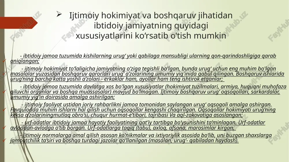‘z qarashlarining isboti sifatida ko'pincha dunyoning o'zlariga ma’lum bo'lgan hududlarinigina misol tariqasida keltirgan. masalan, german qabilalarida davlatning kelib chiqishida harbiy omil muhim bo‘lsa, sharq xalqlarida esa davlat suv inshootlarini barpo etish jarayonida shakllangan. to‘rtinchidan, boshqa fanlar yutuqlaridan ruhlangan mutafakkirlar ko‘pincha bu natijalarni ijtimoiy fanlarga qo'llashga uringan, xususan, u yoki bu fan yutuqlariga asoslanib, davlatning vujudga kelish jarayoniga boshqacha qaray boshlagan va shu bilan jamiyat rivojlanishiga boshqa omillarning ta’sir ko'rsatishini e’tibordan chetda qoldirgan; beshinchidan, nazariyalar mualliflarining qarashlariga ularning falsafiy va g‘oyaviy yondashuvlari ham muayyan darajada ta’sir qilganligini aytib o‘tish joiz. demak, muayyan nazariya orqali barcha xalqlarda davlatning yuzaga kelishini izohlash mumkin emas. nazariyalar o‘z navbatida, davlat kelib chiqishining «osiyocha» va «yevropacha» yo'llari mavjudligini ko'rsatib o‘tish mumkin. «osiyocha» yo‘l. osiyoda dastlabki davlatlar bundan besh ming yillar oldin nil, tigr, hind, ganga, yanszi, yevfrat kabi yirik daryolarning havzalarida yuzaga kelgan. ushbu hududlarda davlat vujudga kelishining asosiy omillari sifatida quyidagilar e’tirof etiladi: - sug'orma …