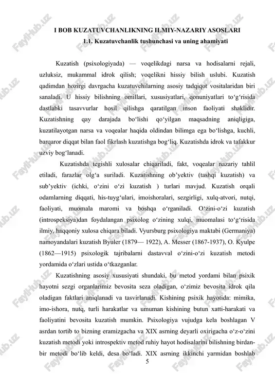 rok etish orqali psixologik ma’lumotlar yig‘ishni ta’minlaydi. kuzatishning obyektiv (tashqi) va subyektiv (o‘zinio‘zi) shakllari mavjud bo‘lib, ular orqali insonning diqqat, his-tuyg‘u, xatti-harakat, nutq va muomala xususiyatlari tahlil qilinadi. bu metod tadqiqotchi uchun dastlabki tasavvurlarni shakllantirishda, farazlar ilgari surishda va ilmiy xulosalar chiqarishda asosiy vosita hisoblanadi. har bir kuzatuv oldindan aniq rejalashtirilib, maxsus vositalar orqali amalga oshiriladi. shuningdek, kuzatish inson ruhiy holatini tabiiy sharoitda o‘rganishga imkon beruvchi ishonchli metod sanaladi kuzatuvchanlik — bu insonning tashqi va ichki muhitni diqqat bilan qabul qilish, ma’lumotni tahlil qilish va fikrlashga yo‘naltirish qobiliyatidir. psixologiyada kuzatuvchanlik nafaqat sezgi organlari orqali olinadigan ma’lumotlarni qamrab oladi, balki ularni tanqidiy fikrlash va xulosalar chiqarishda ham muhim rol o‘ynaydi. kuzatuvchanlikning ahamiyati quyidagilardan iborat: · ilmiy tadqiqotlarda to‘g‘ri va aniq ma’lumot olish imkonini beradi; · ta’lim jarayonida talabalar va o‘quvchilarning xatti-harakatlarini baholashda foydali; · psixologik tahlil va ijtimoiy tadqiqotlarda inson va guruh xatti-harakatlarini o‘rganish imkonini beradi; · biznes va menejmentda ish …
