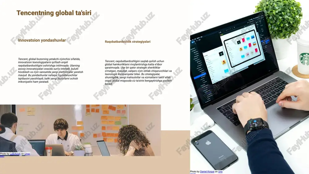 hamkorlik qiladi. kompaniya o'z xizmatlari orqali turli mamlakatlarda katta muvaffaqiyatlarga erishmoqda. xalqaro hamkorliklar va strategik alyanslar tencent ko'plab xalqaro hamkorliklar va strategik alyanslar o'rnatgan, bu orqali u yangi bozorlarni o'zlashtirish va mavjud bozorlarni kengaytirish imkoniyatiga ega bo'ladi. misol uchun, tencentning o'yin sohasidagi hamkorliklari. xalqaro ta'sir misollari tencentning xalqaro ta'siri ko'plab misollar bilan tasdiqlanadi: masalan, ular o'z o'yinlarini global darajada tarqatib, turli madaniyatlar va bozorlarga moslashtirmoqda. xulosa tencent xalqaro bozorda o'z o'rnini mustahkamlash davom etmoqda va uning global ta'siri ko'plab muvaffaqiyatli hamkorliklar va strategik rejalashtirish orqali yanada kengaymoqda. global ta'sir: tencent va xalqaro bozorlar ushbu slaydda tencentning xalqaro bozorlaridagi o'rni, xalqaro hamkorliklar va strategik alyanslar, shuningdek, kompaniyaning global ta'siriga oid misollar ko'rib chiqiladi. tencent va raqobat: raqobatchilar bilan taqqoslash raqobatchilar va ularning strategiyalari tencentning asosiy raqobatchilari facebook, alibaba va google kabi global kompaniyalardir. ularning har biri o'zining noyob strategiyalariga ega. masalan, facebook ijtimoiy tarmoqlar bo'yicha kuchli pozitsiyaga ega bo'lib, foydalanuvchilar bilan …