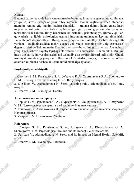 kor etish uzoq davom etolmaydi. bir payt kelib, odamda kuchli hissiyotlar – g‘azab, og‘riq, ayblash, qo‘rquv yoki chuqur qayg‘u yuzaga chiqadi. bu bosqichda inson o‘zini boshqarishda qiynalishi tabiiy. bu bosqichda insonda hudi bo‘g‘ziga narsa tiqilib kelayotgandek, unga havo yetishmayotgandek tuyuladi. bor ovozda yeg‘lagisi, baqirgisi, kim bilandir urishgisi keladi. o‘z o‘ziga sig‘mayotgandek go‘yo. 3. qabul qilish bosqichi: inson boshidan kechirgan voqeani asta-sekin qabul qila boshlaydi. bu voqea hayotining bir qismi ekanini tushunadi. shu jarayonda u “men bilan nima bo‘ldi” emas, balki “endi bundan keyin qanday yashashim kerak?” degan savolni o‘ziga bera boshlaydi. insonlar tabiatan ko‘nikuvchan qilib yaratilgan bo‘lib ular og‘riqa, azobga ham sovuqa, issiqa ham ko‘nikib boradi. bu ko‘p vaqt olishi ba’zan esa oson qabulanishi mumkin bo‘lgan jarayon xisoblanadi. 4. moslashish bosqichi: odam asta-sekin odatiy hayotga qayta boshlaydi: ijtimoiy hayotga qo‘shiladi, o‘zini band qiladi, yangi maqsadlar qo‘yadi. travma xotirasi butunlay yo‘qolmaydi, lekin u insonni boshqarmaydi. u inson odatiy hayotida yashay boshlaydi. …